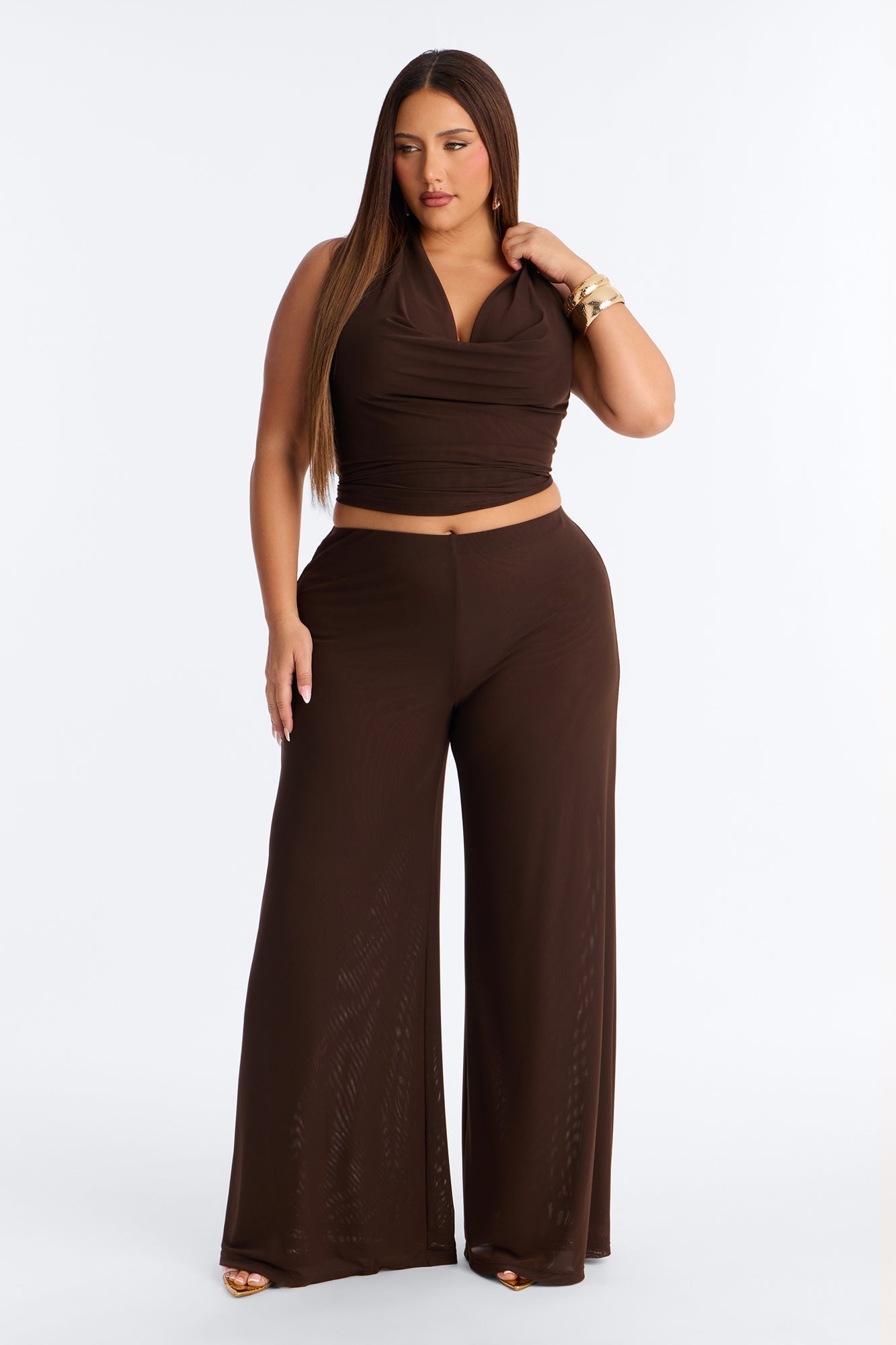 After Dark Behavior Mesh Halter Pant Set - Chocolate