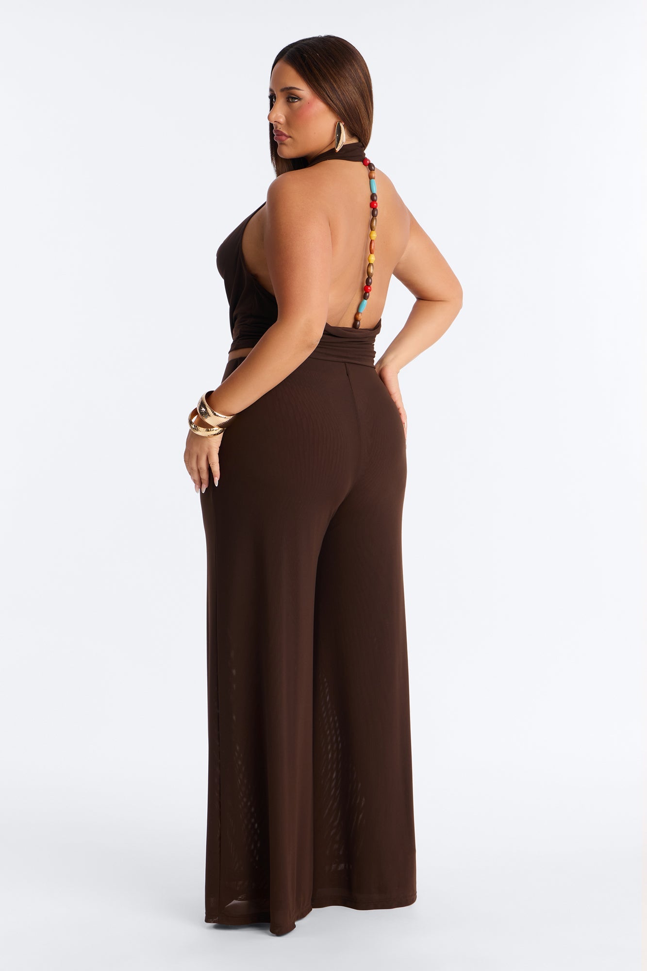 After Dark Behavior Mesh Halter Pant Set - Chocolate