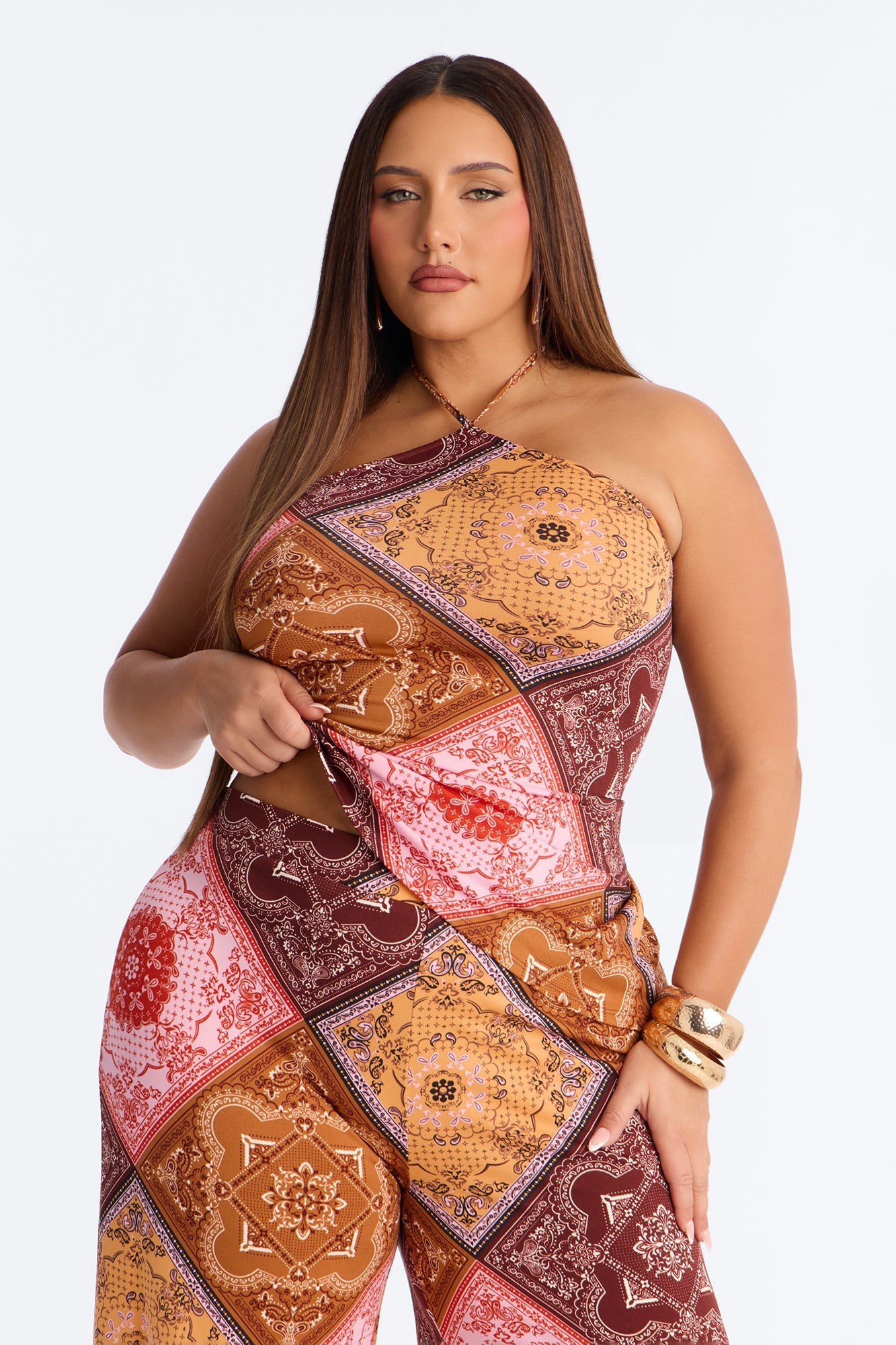 Heather Bandana Print Halter Pant Set - Pink/combo