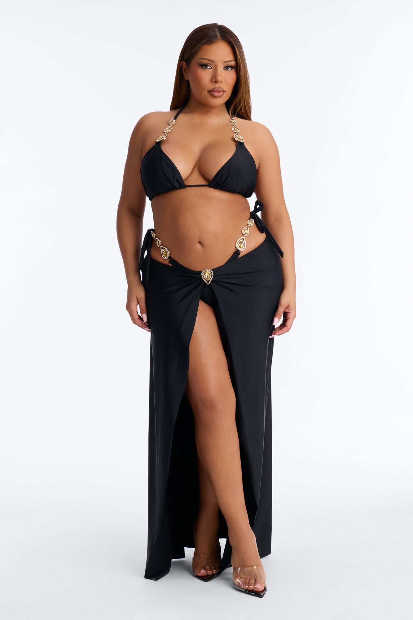 Take Me To Cancun Hardware High Slit 3 Piece Bikini Skirt Set - Black