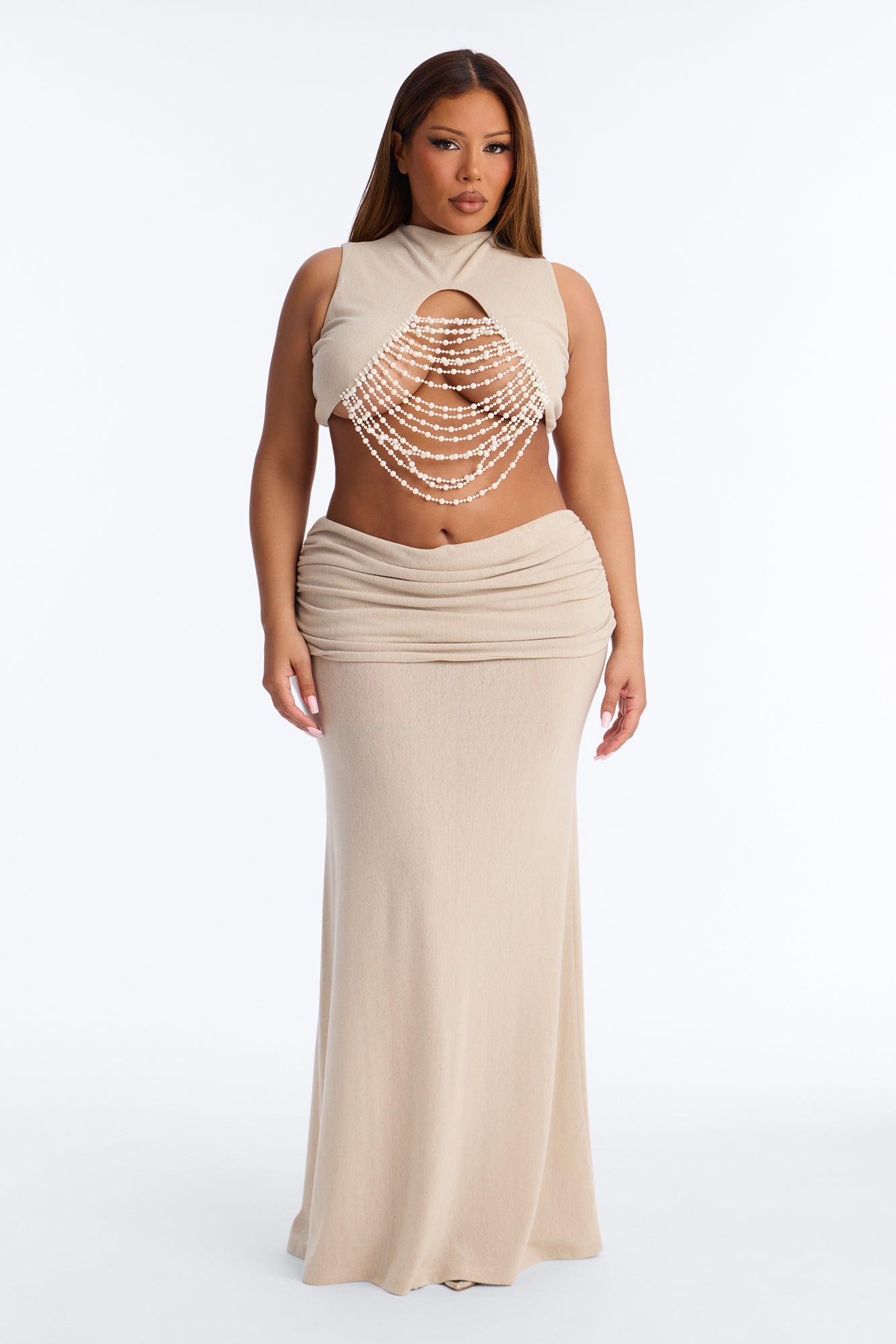 Carolina Pearl Draped Cutout Maxi Skirt Set - Taupe