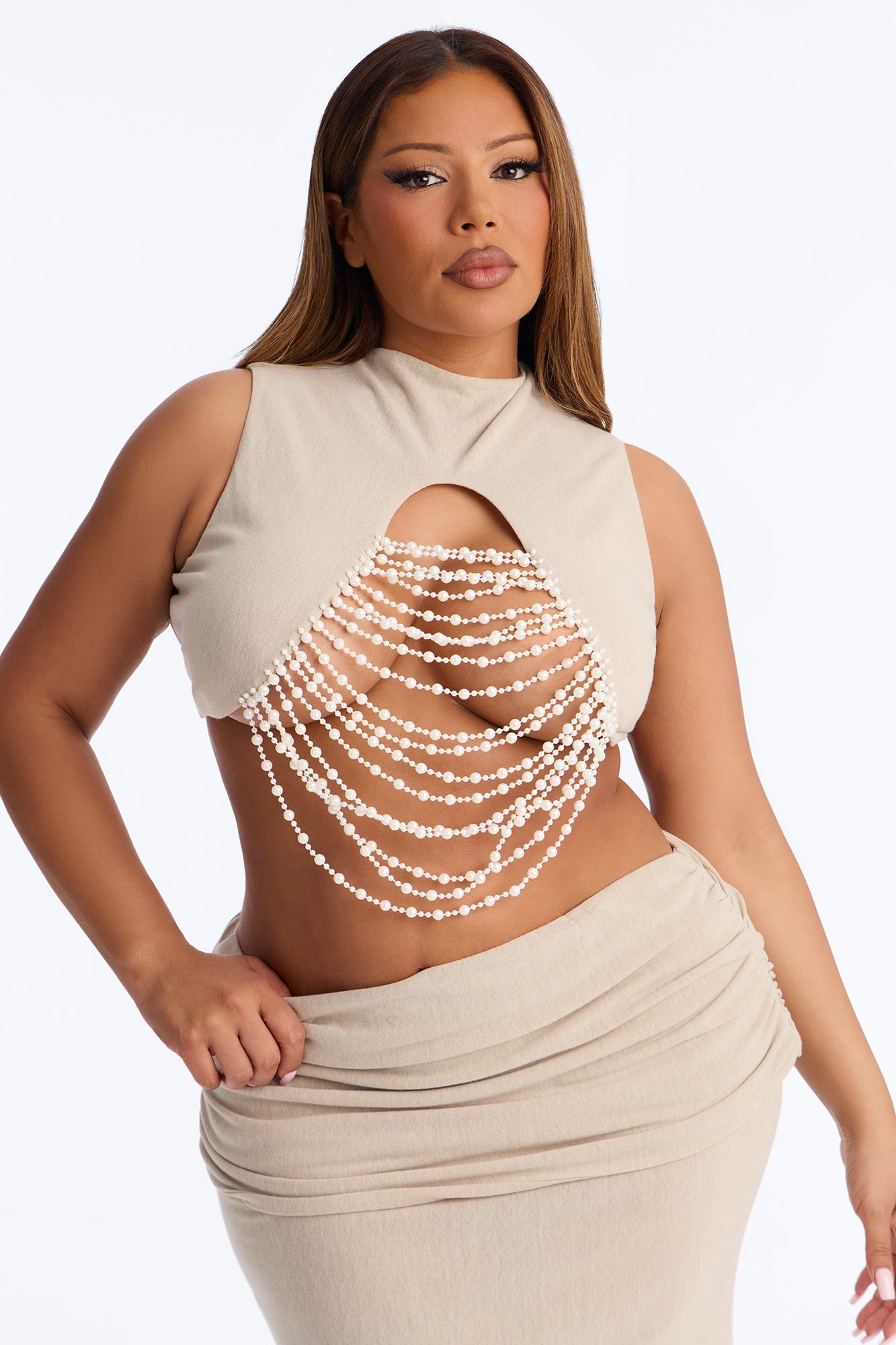 Carolina Pearl Draped Cutout Maxi Skirt Set - Taupe