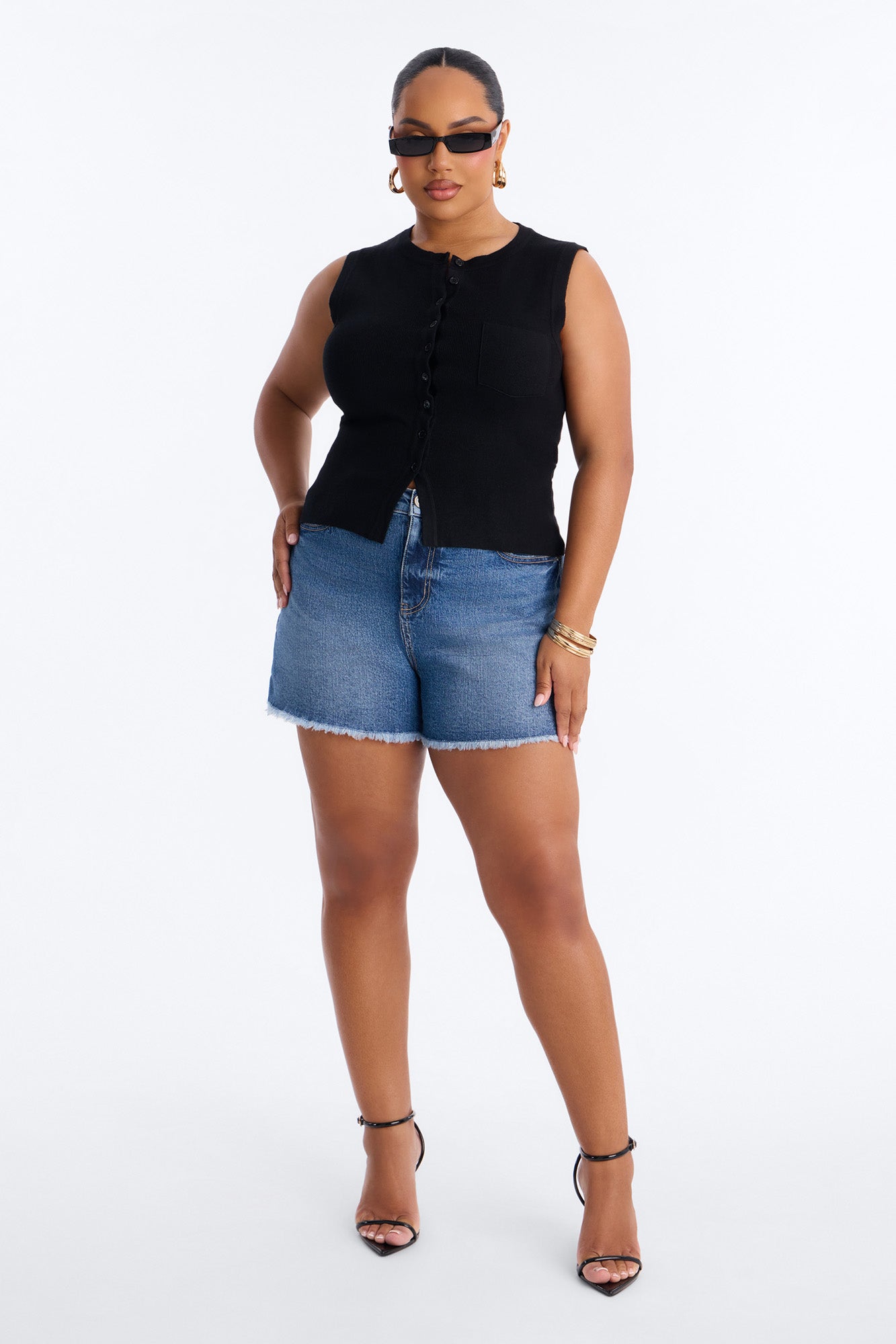 Leona Button Up Sweater Top - Black