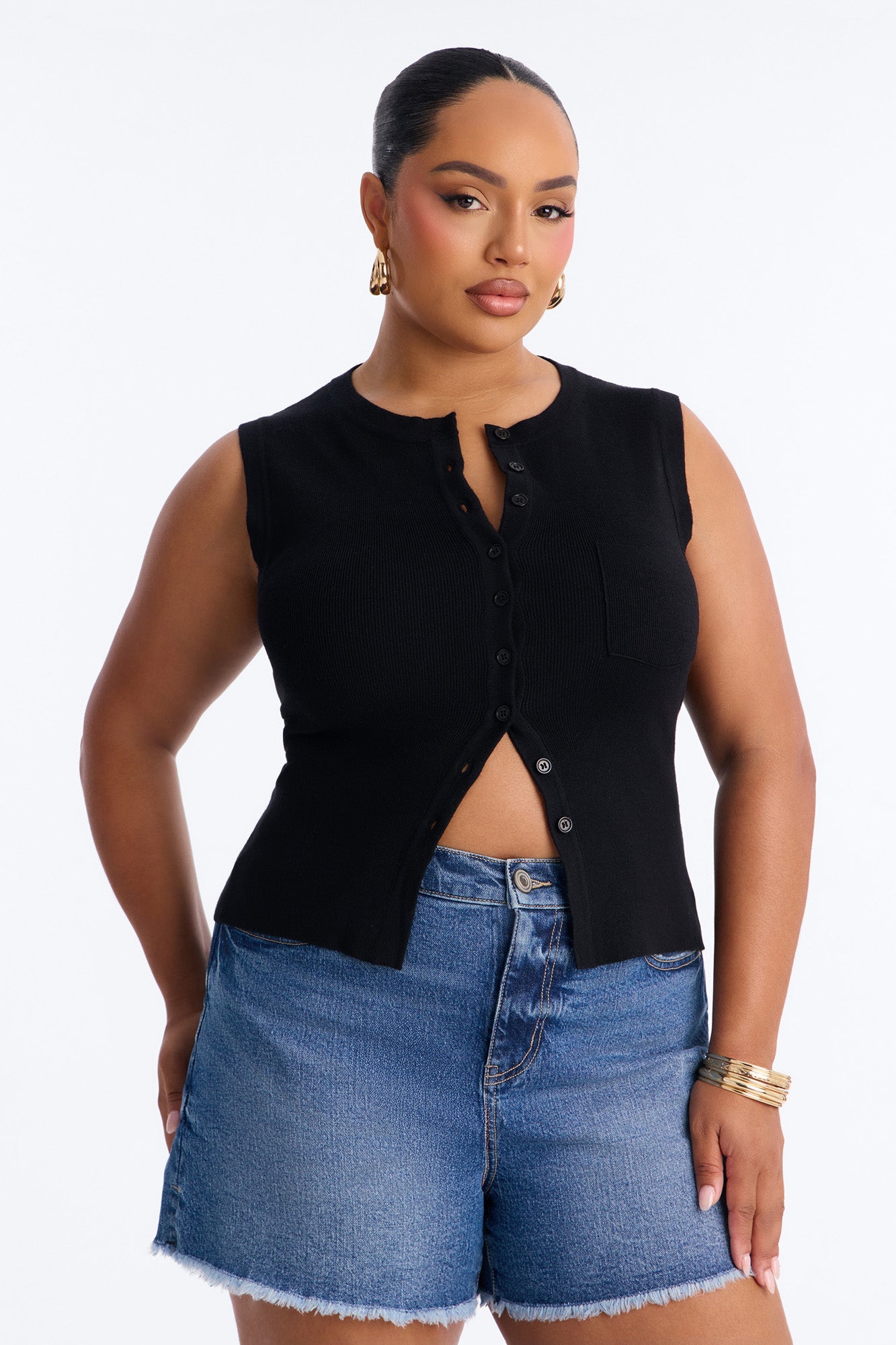 Leona Button Up Sweater Top - Black