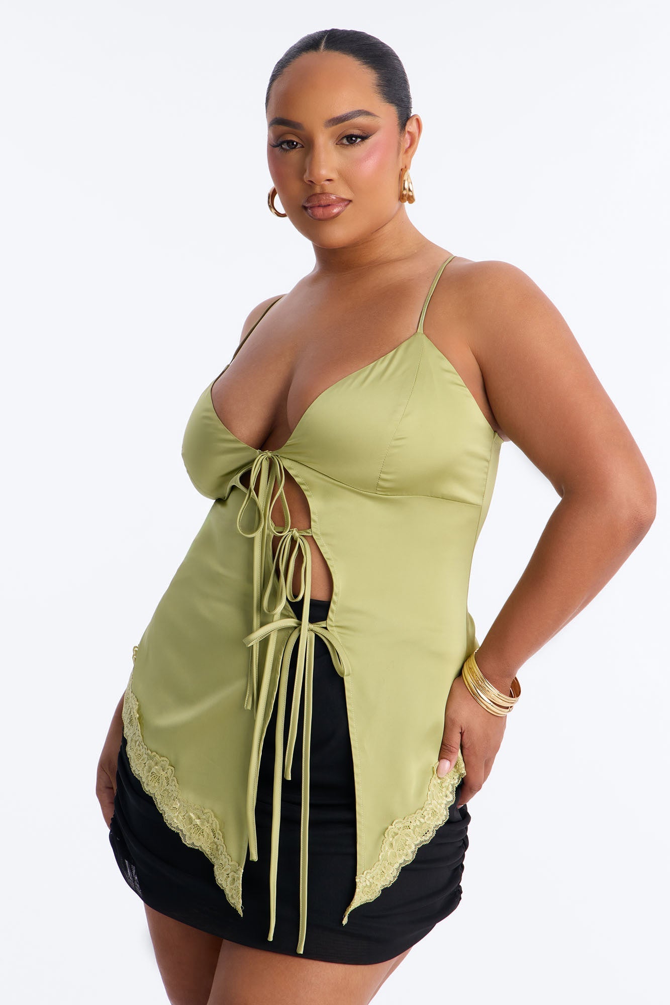 Caught In The Act Lace Trim Satin Flyaway Top - Green Fashion Nova