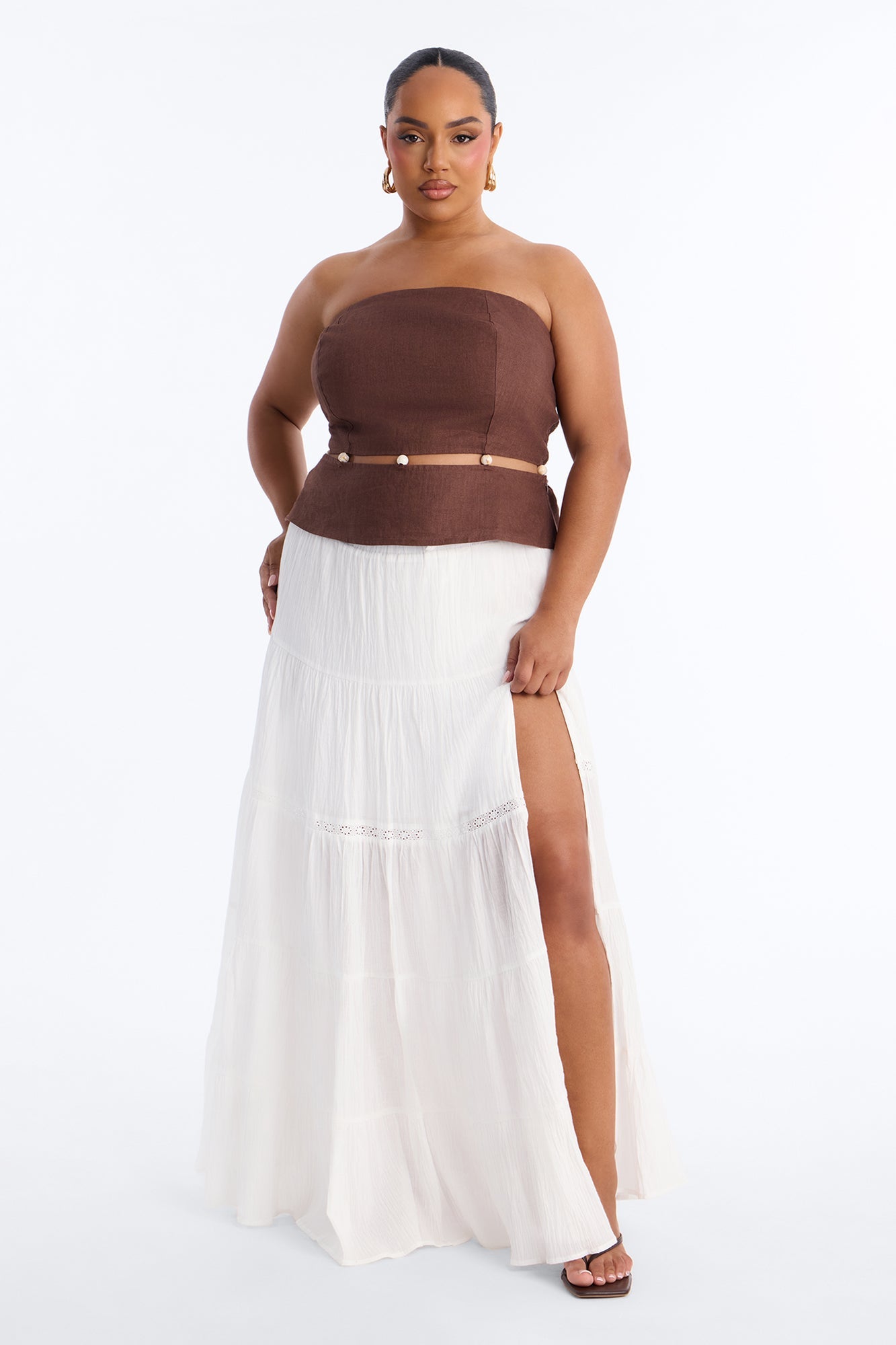 On The Guest List Beaded Linen Top - Brown