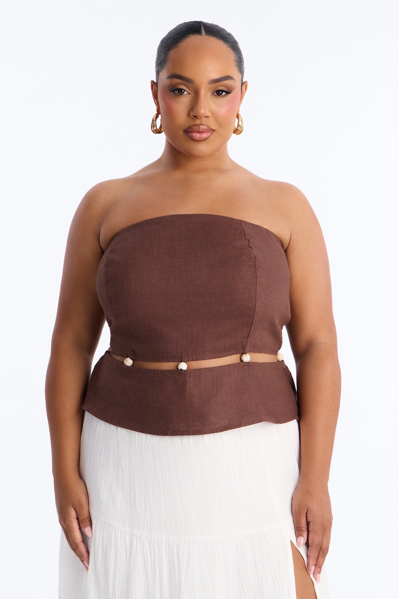 On The Guest List Beaded Linen Top - Brown