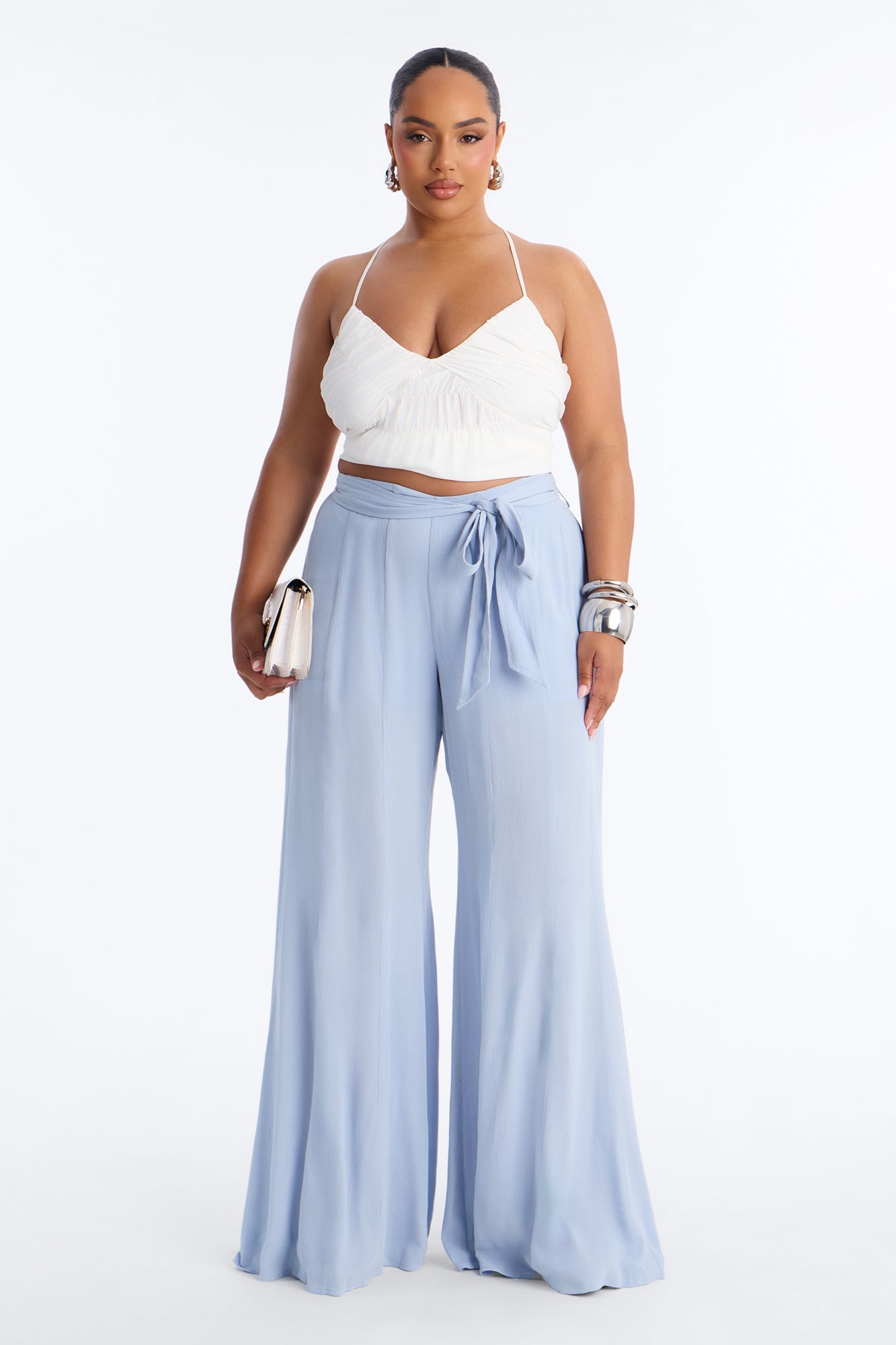 Kelsey Mid Rise Tie Waist Flowy Wide Leg Pant 34″ - Light Blue