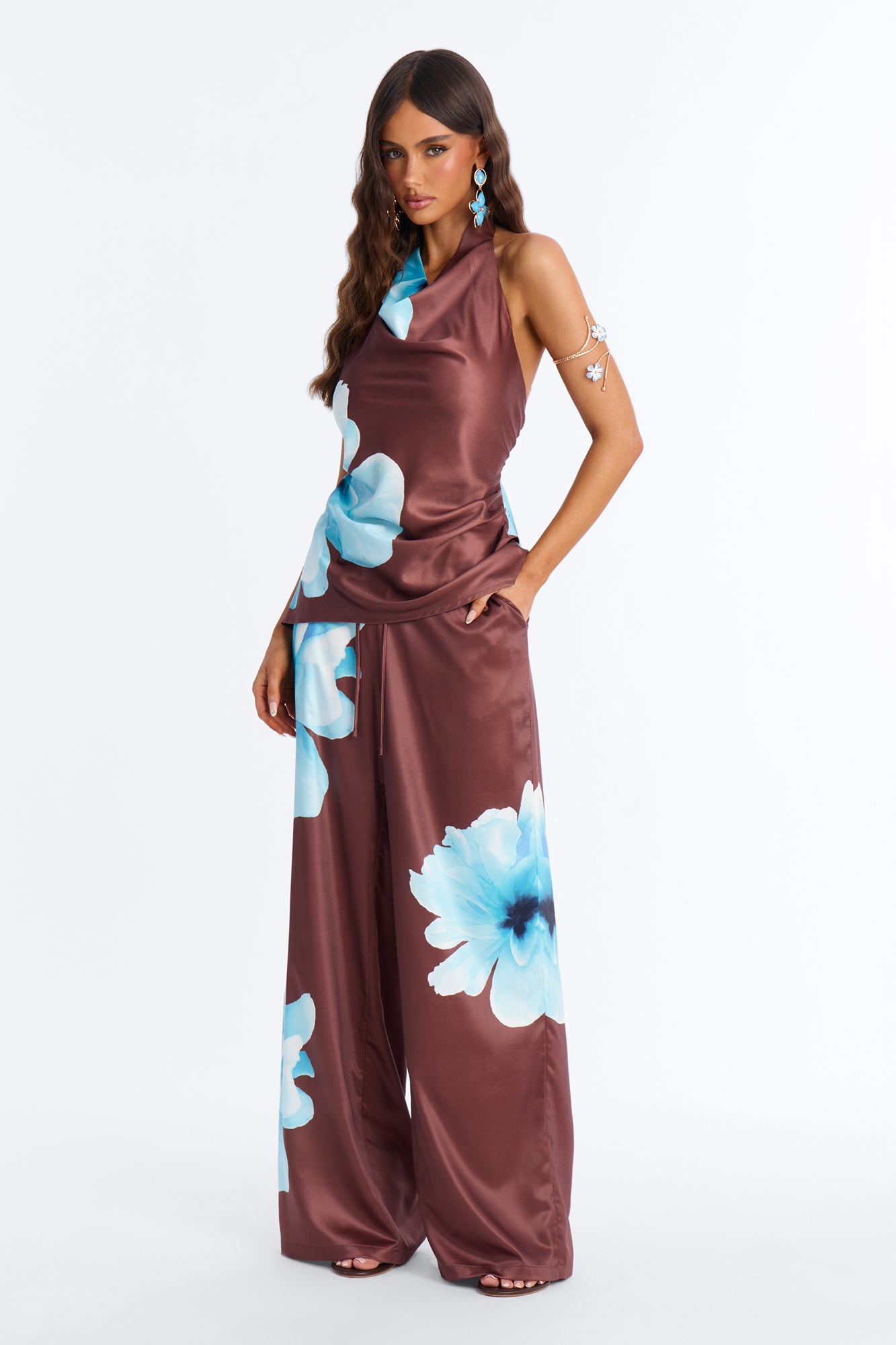 Leora Satin Halter Cowl Neck Top - Brown Combo