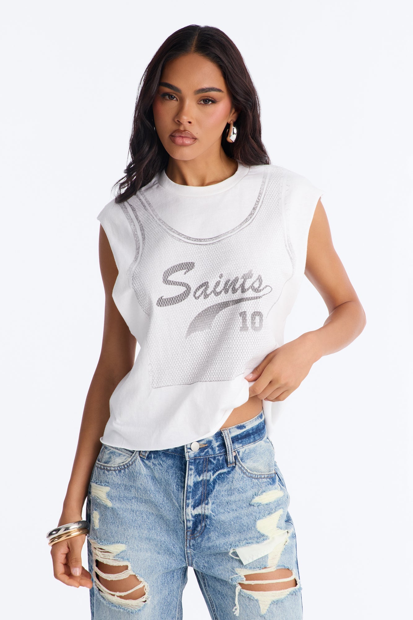 Saints Crop Muscle Tank - White
