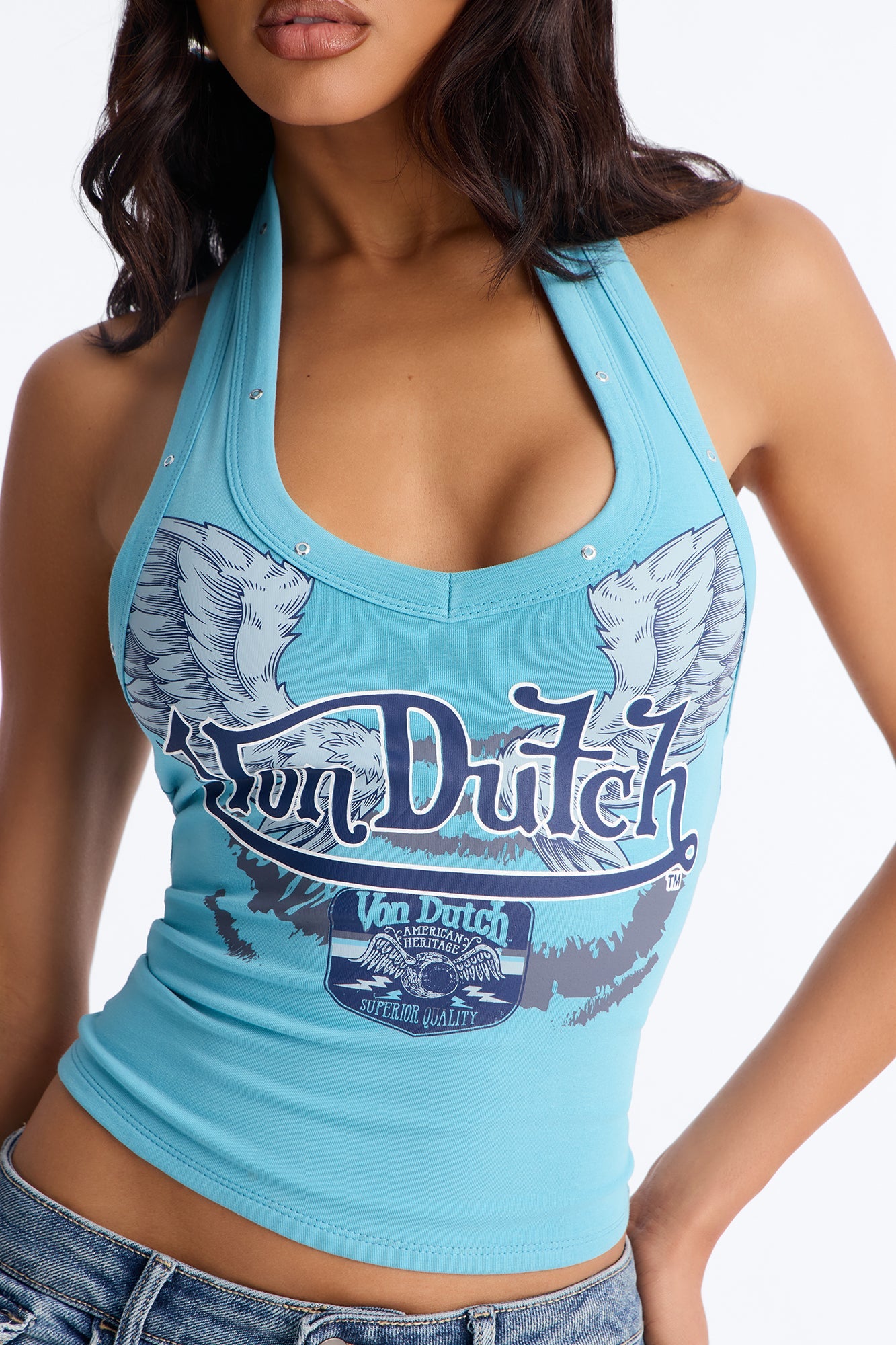 Von Dutch Rocker Halter Top With Grommets - Light Blue