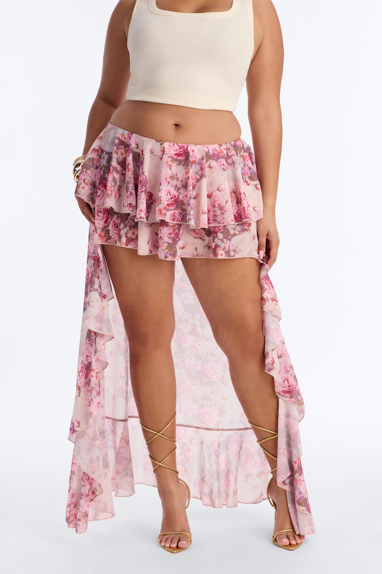 Love For You Floral Chiffon High Low Ruffle Skort - Pink/combo
