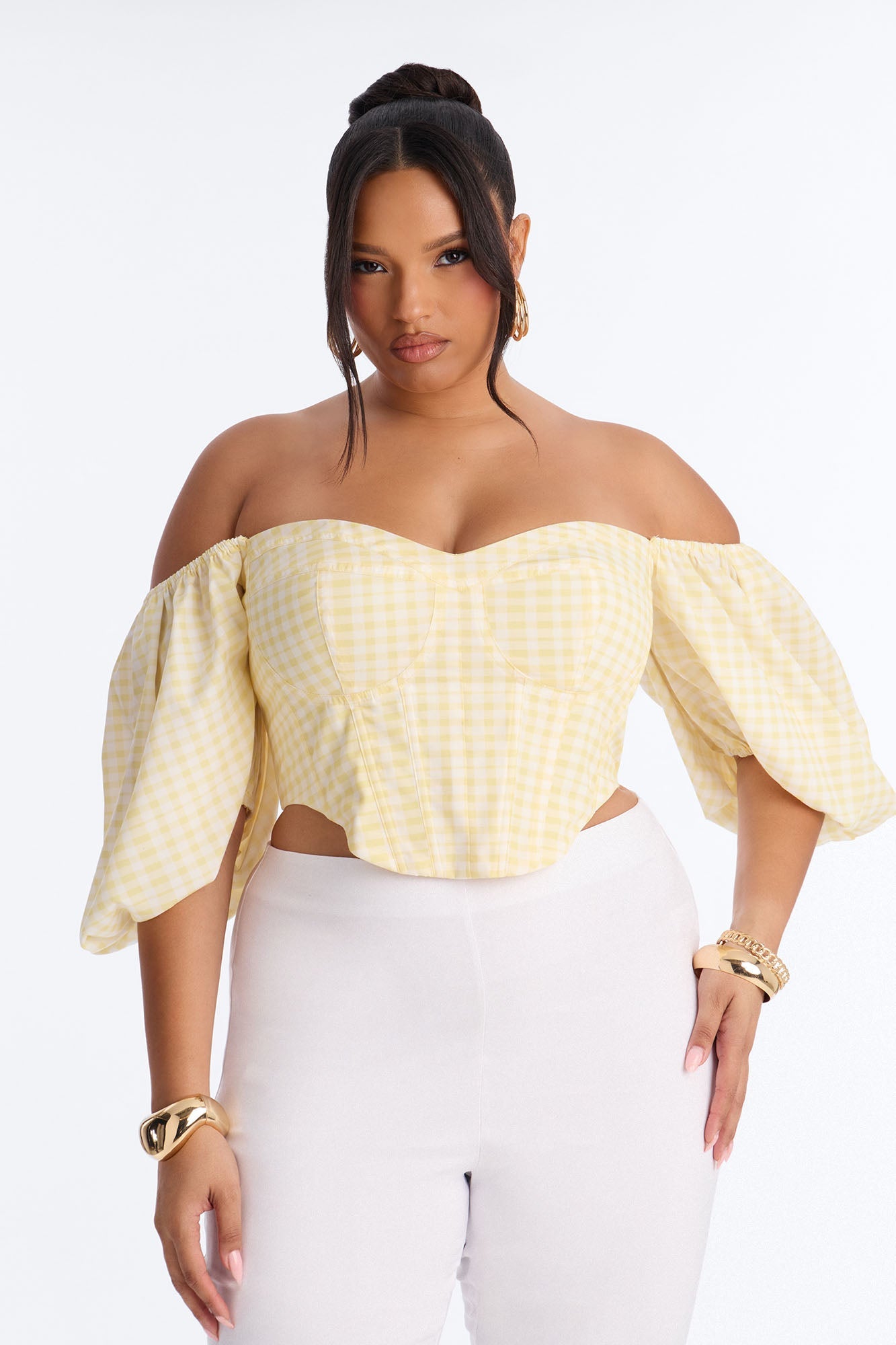 Sweet Like This Puff Sleeve Gingham Corset - Yellow/combo