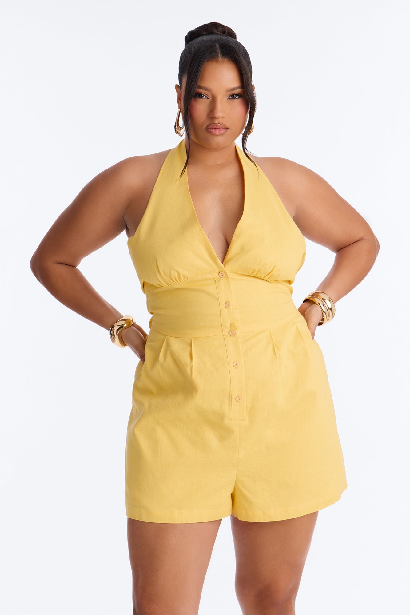 Wynn Backless Halter Romper - Yellow