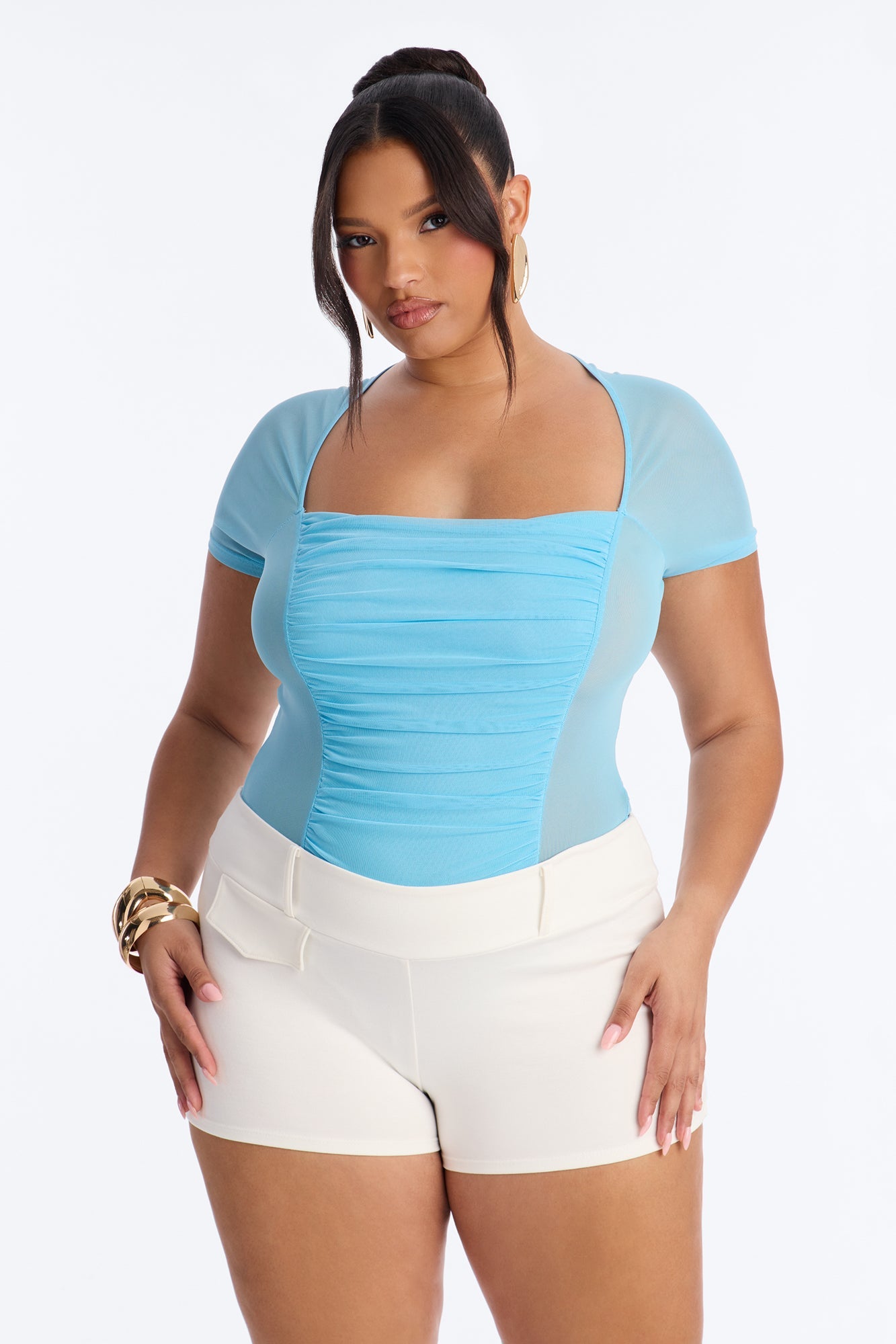 Lilly Ruched Sheer Mesh Short Sleeve Bodysuit - Blue