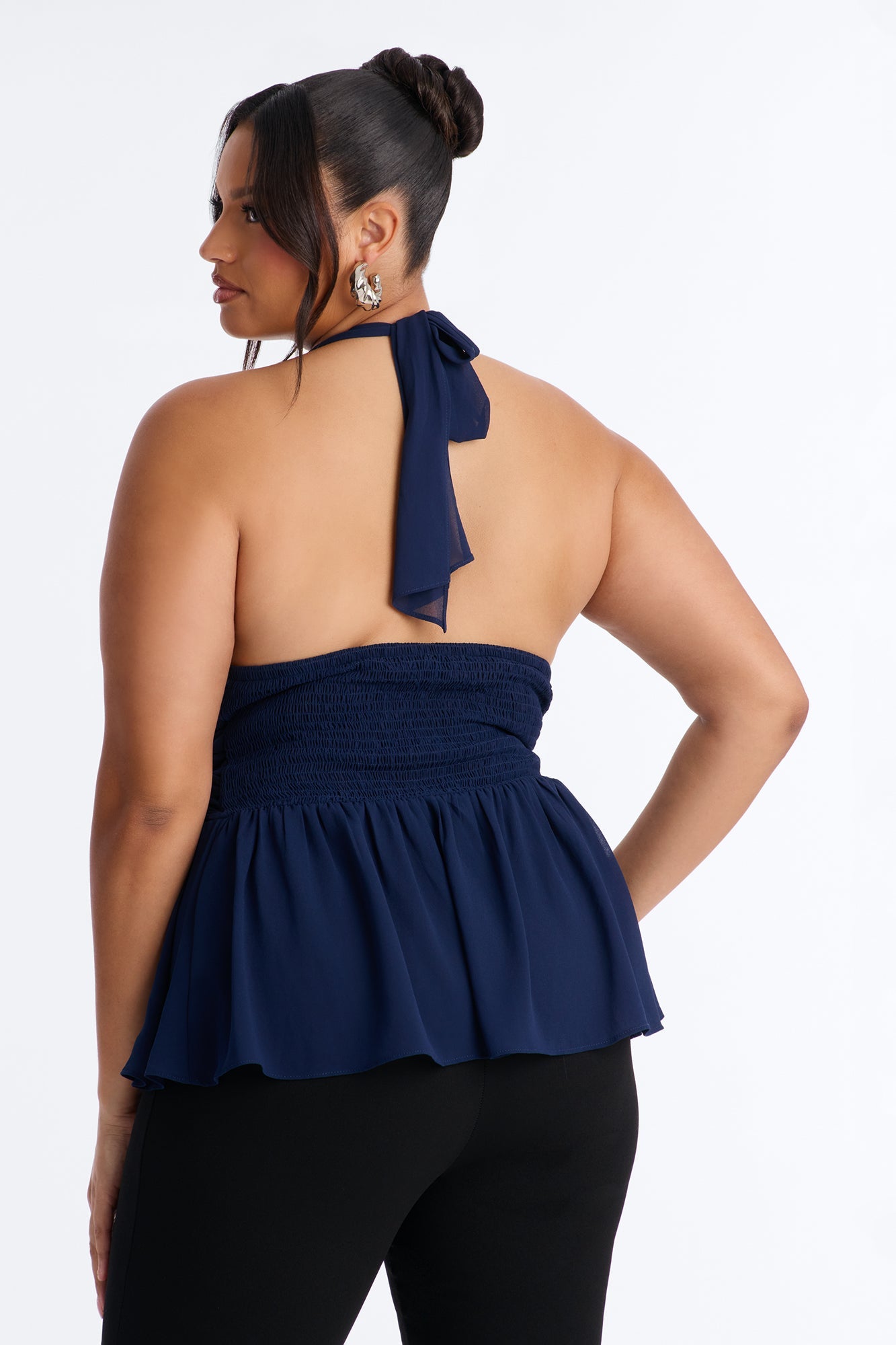 Iced Lattes Ruffle Chiffon Halter Top - Navy