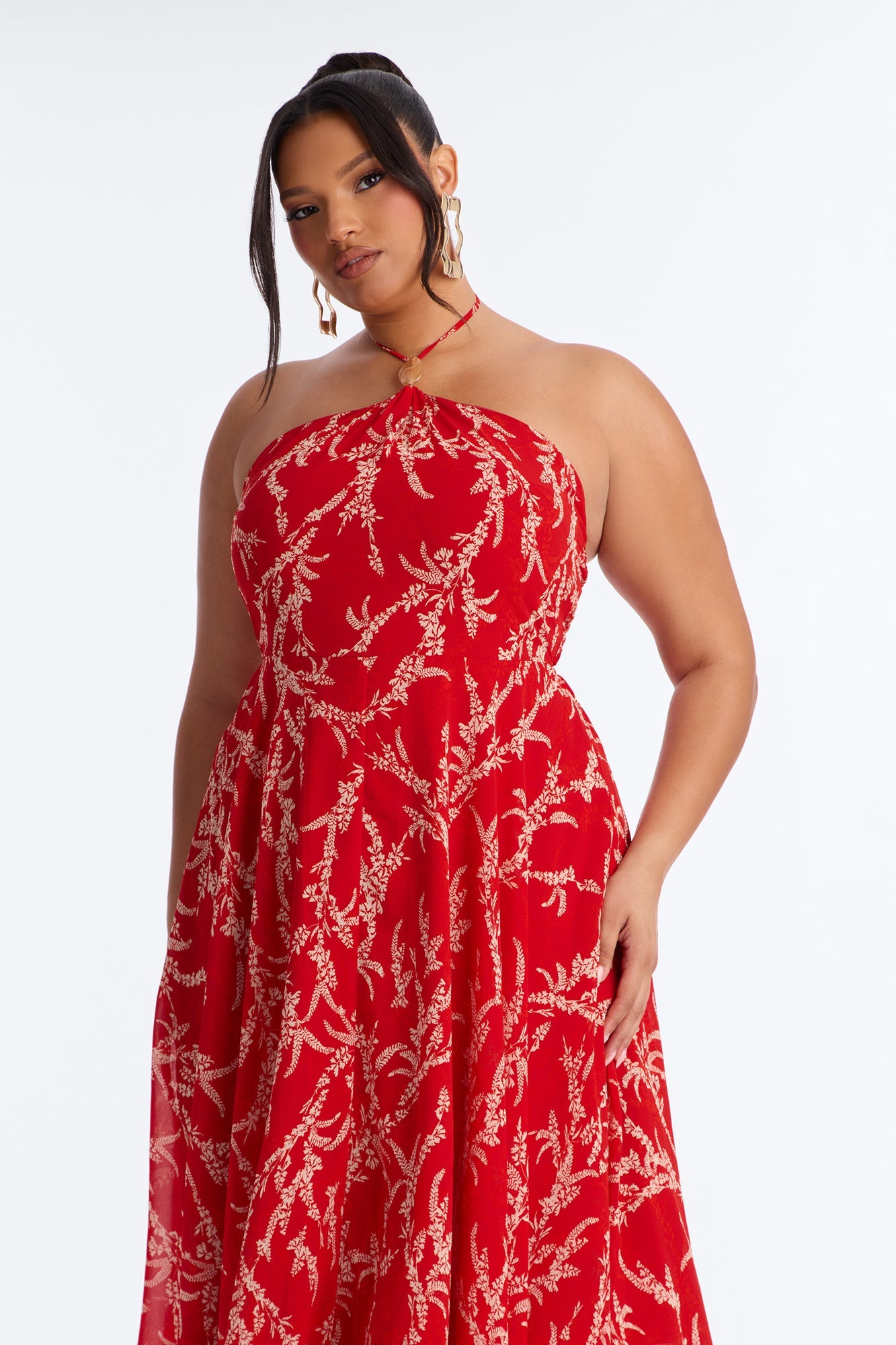 Nina Print Chiffon Midi Dress - Red/combo