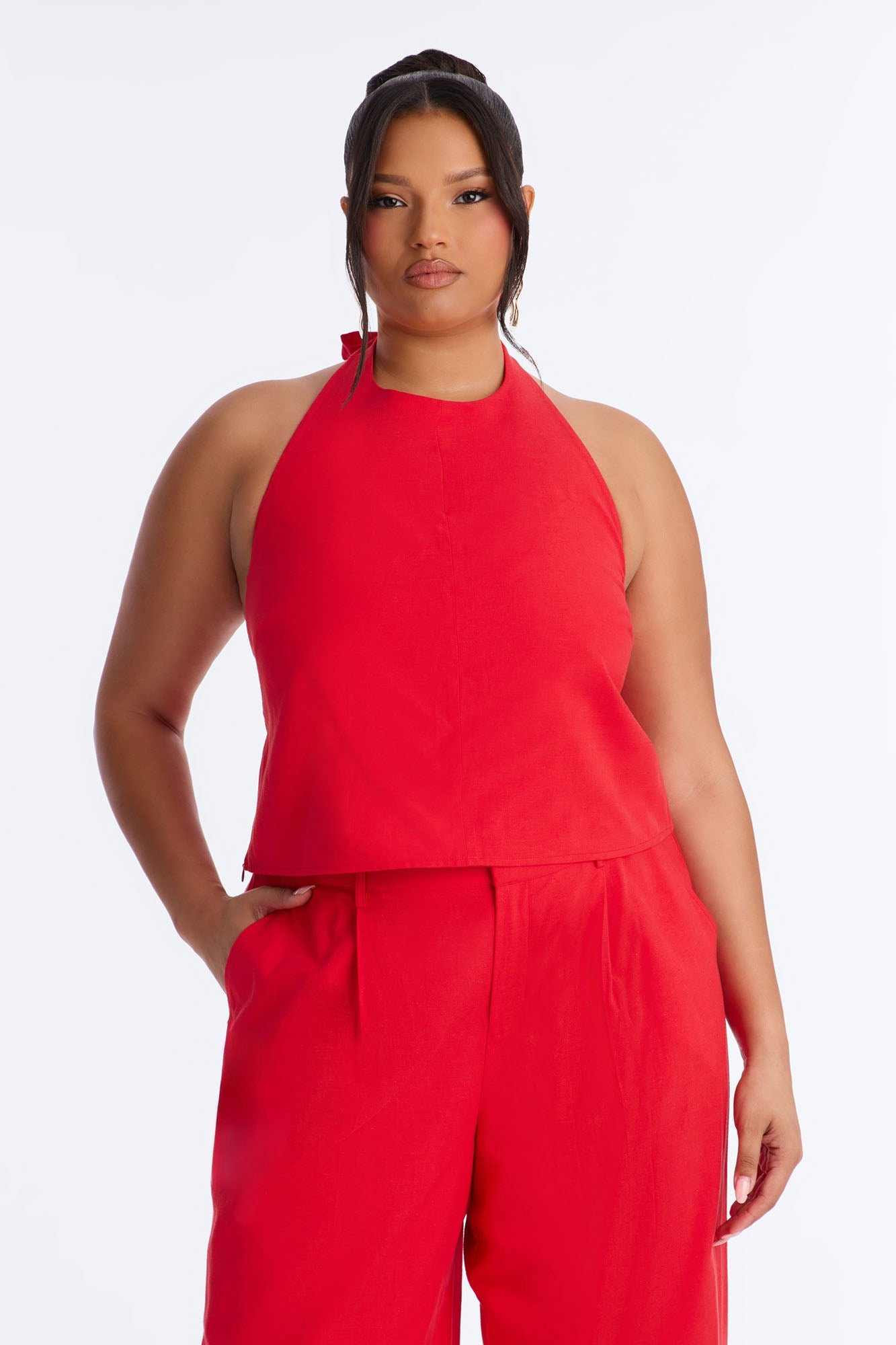 Ocean Breeze Linen Backless Halter Top - Tomato Red