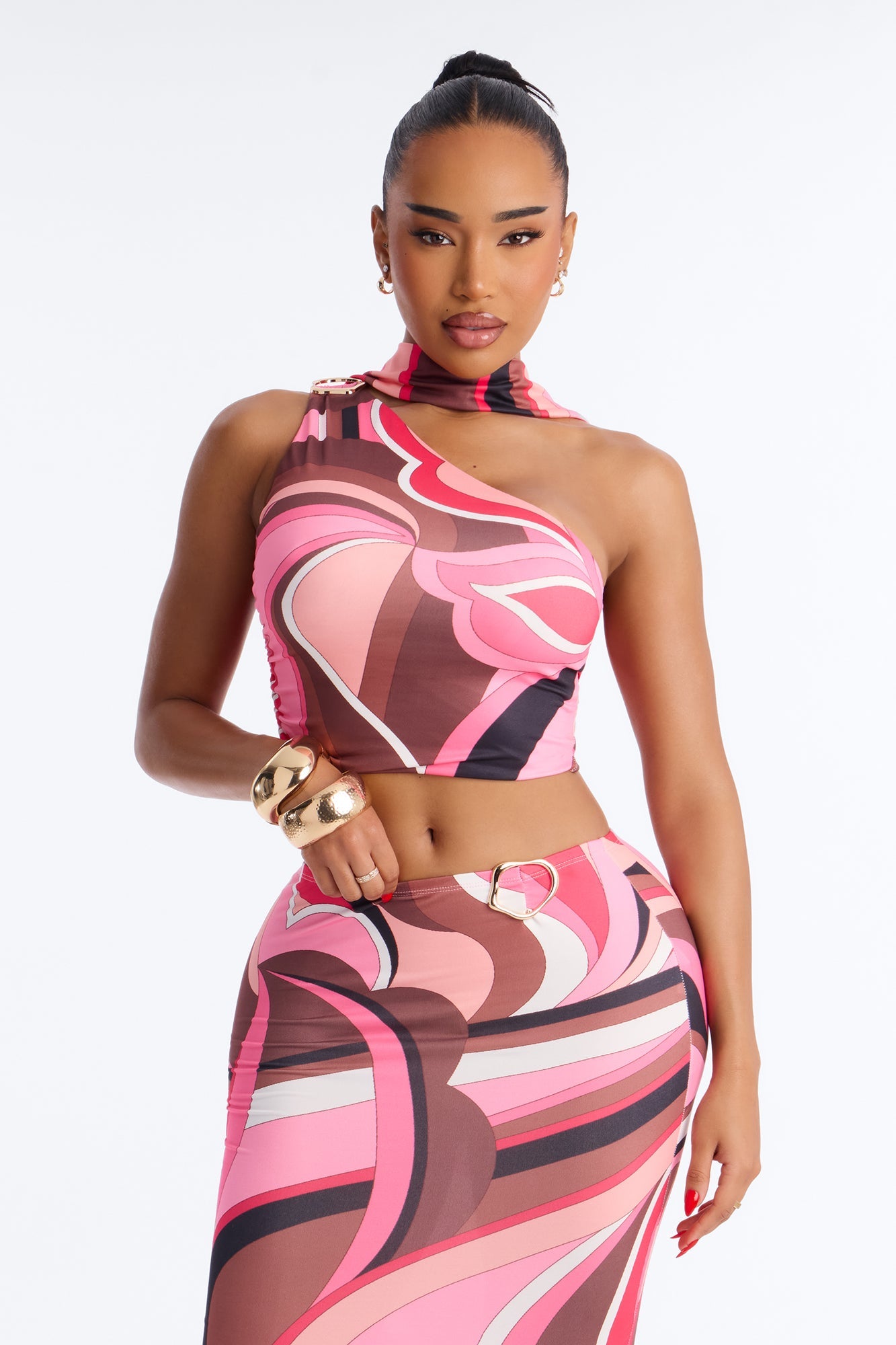 Maeve Neck Scarf Skirt Set - Pink/combo