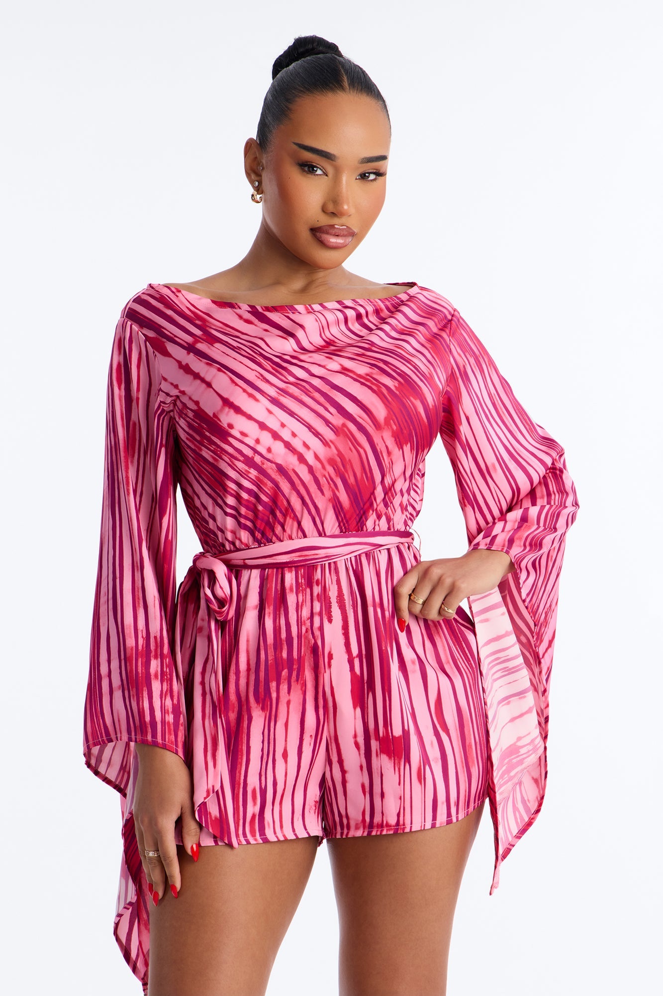 Bea Satin Boat Neck Romper - Pink
