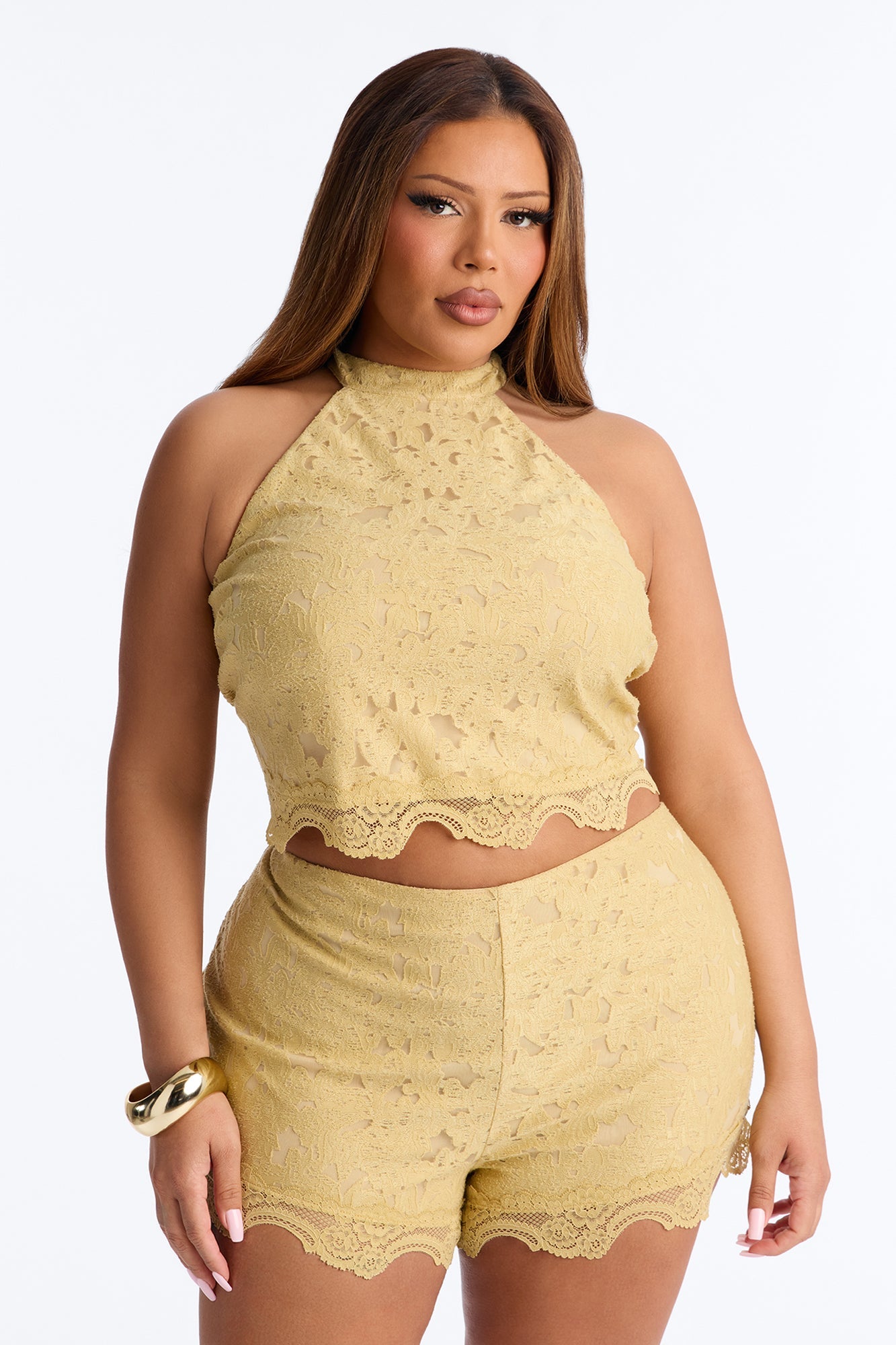 Lace Embrace Halter Top And Short Set - Yellow