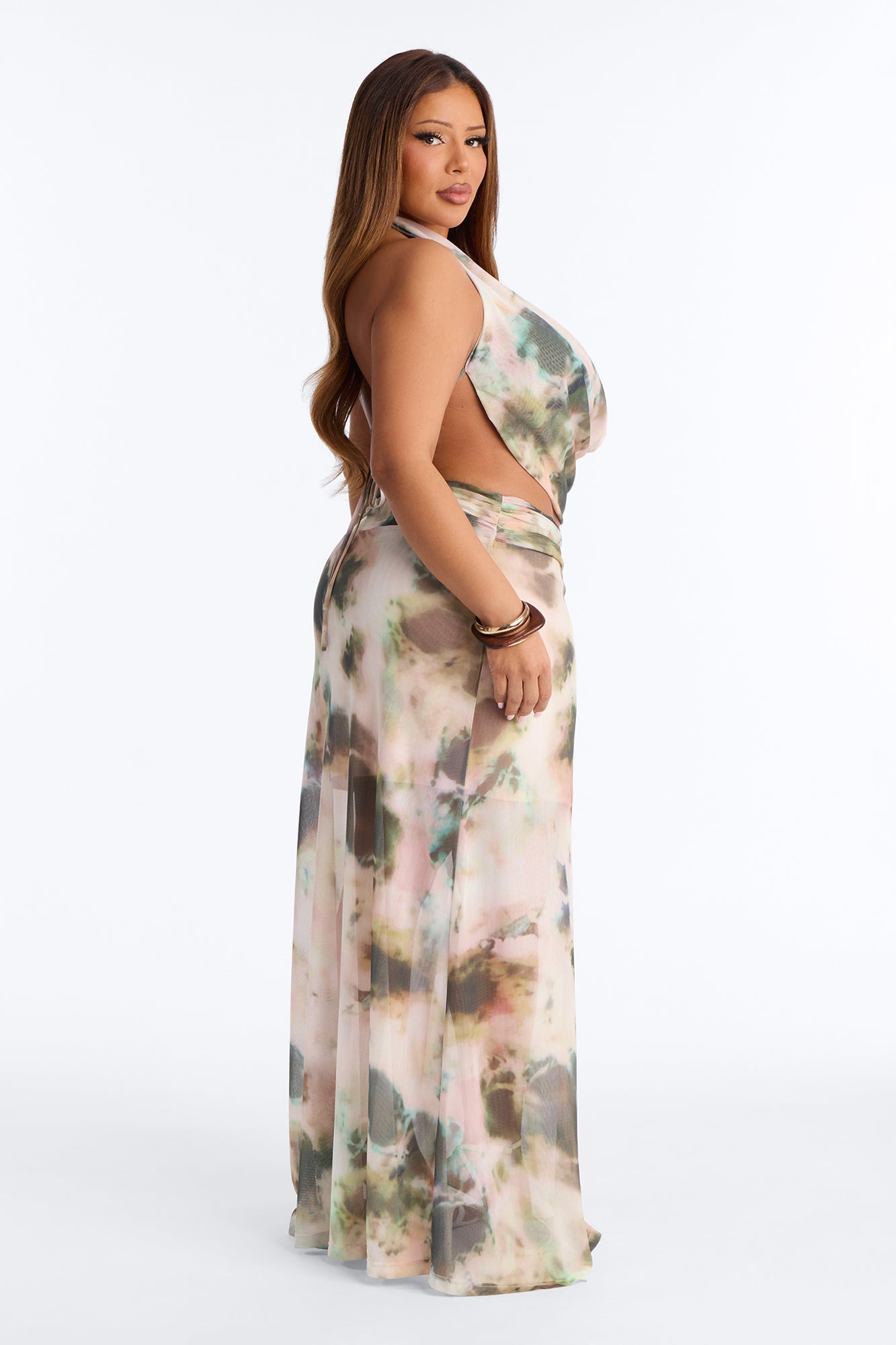 Davina Mesh Halter Maxi Skirt Set - Pink/combo
