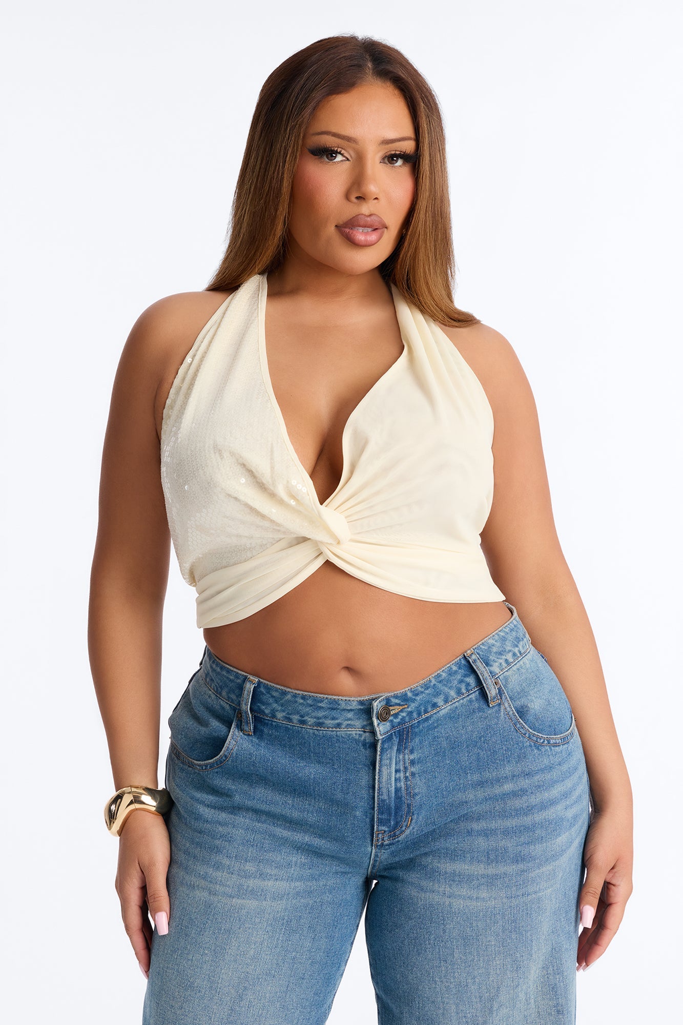 Dani Deep V-Neck Mesh Sequin Halter Top - Cream