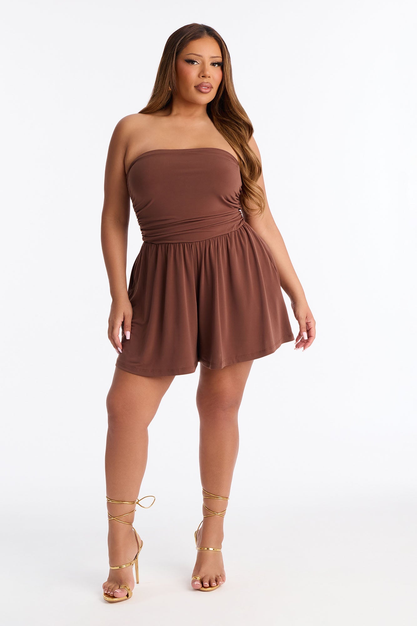 Krisha Strapless Flowy Romper - Brown