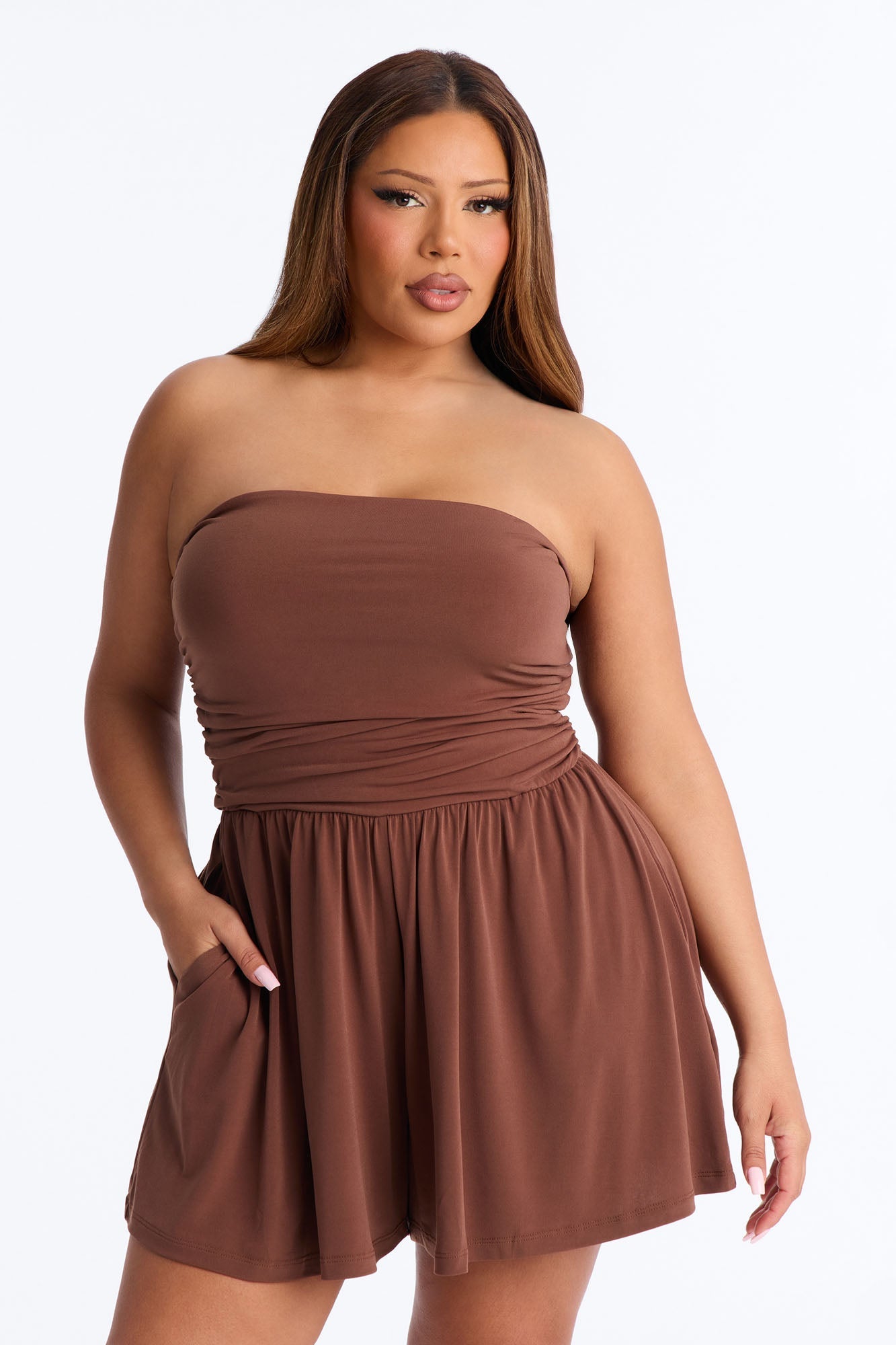 Krisha Strapless Flowy Romper - Brown