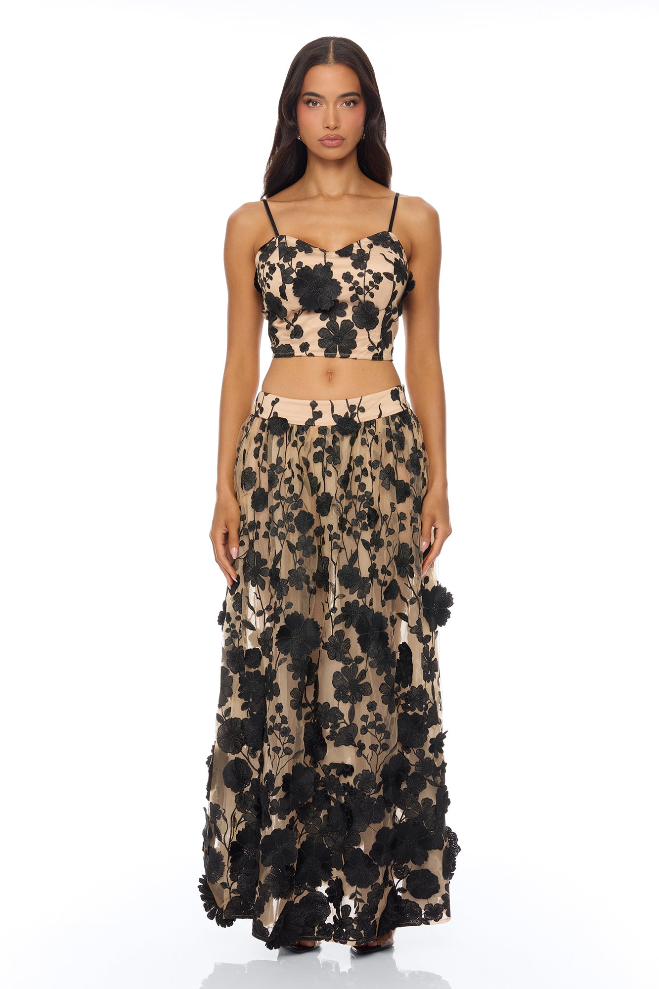Blossom Skies Floral Embroidered Mesh Skirt Set - Black