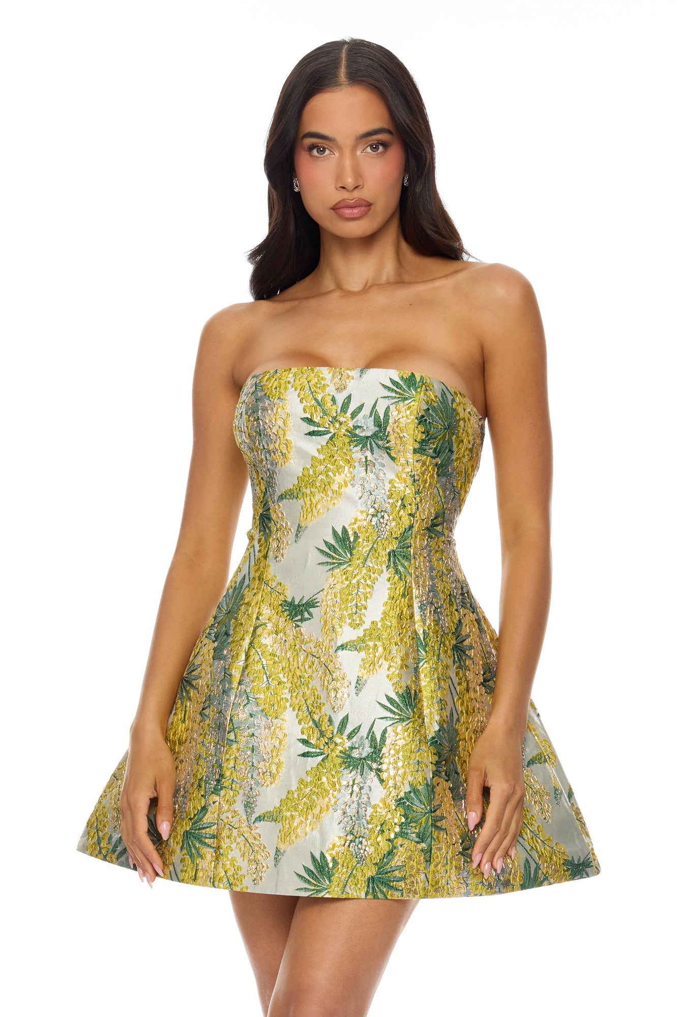 Sierra Flared Jacquard Mini Dress - Yellow/combo
