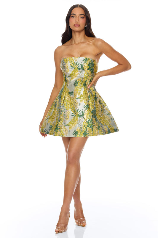 Sierra Flared Jacquard Mini Dress - Yellow/combo
