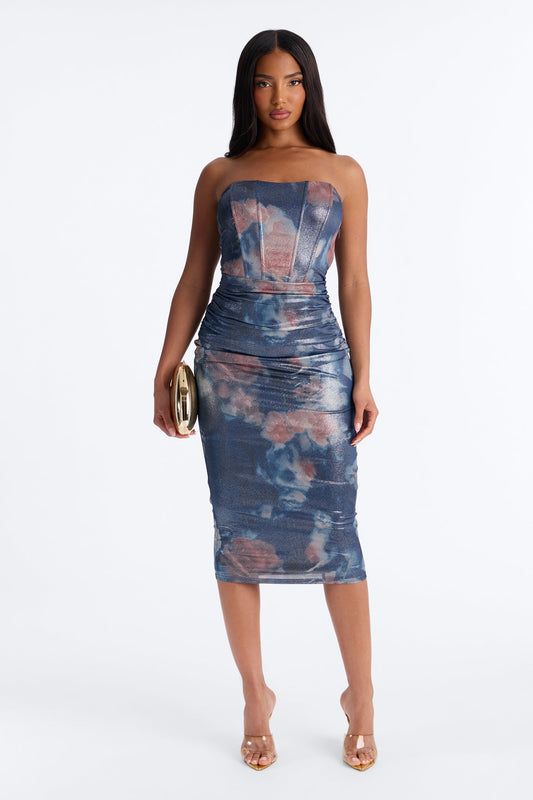 Belinda Corset Metallic Midi Dress - Blue/combo