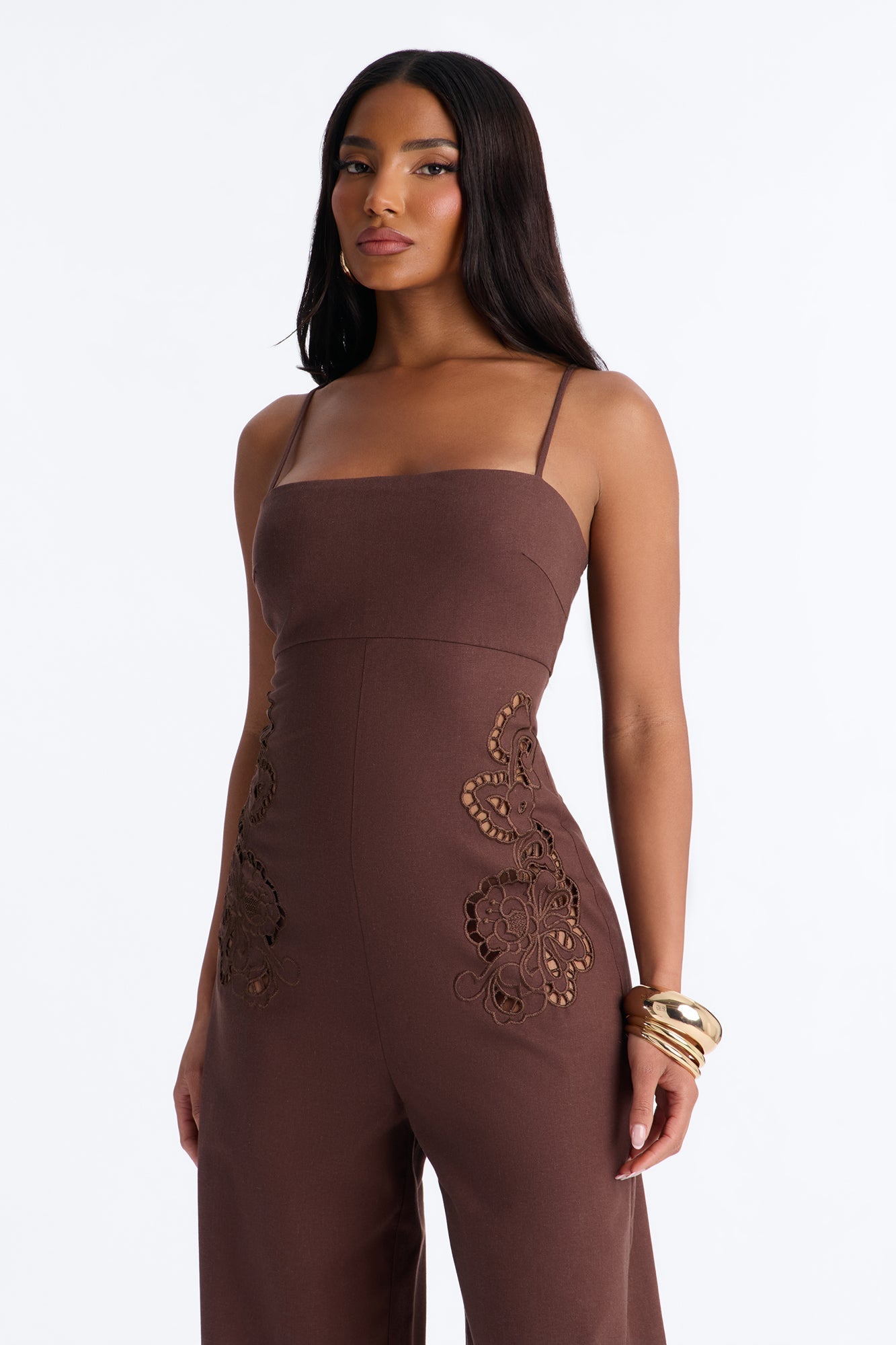 Liliana Embroidered Linen Jumpsuit - Chocolate