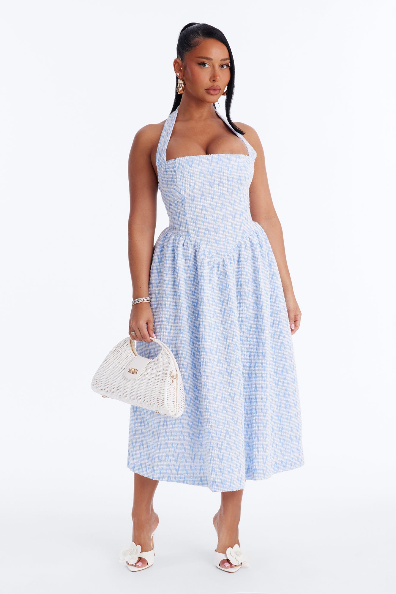 Fia Halter Tweed Midi Dress - Blue