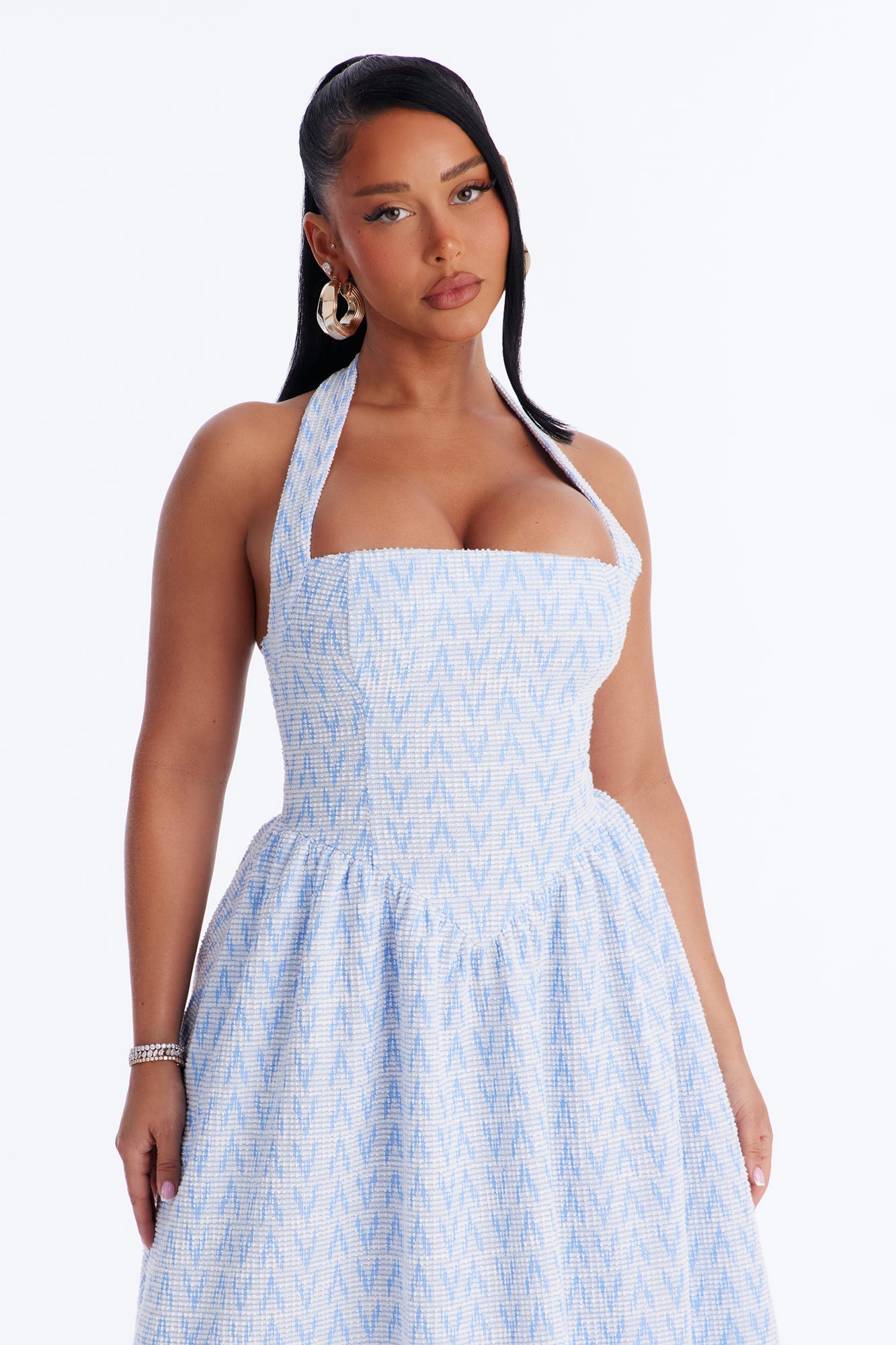 Fia Halter Tweed Midi Dress - Blue