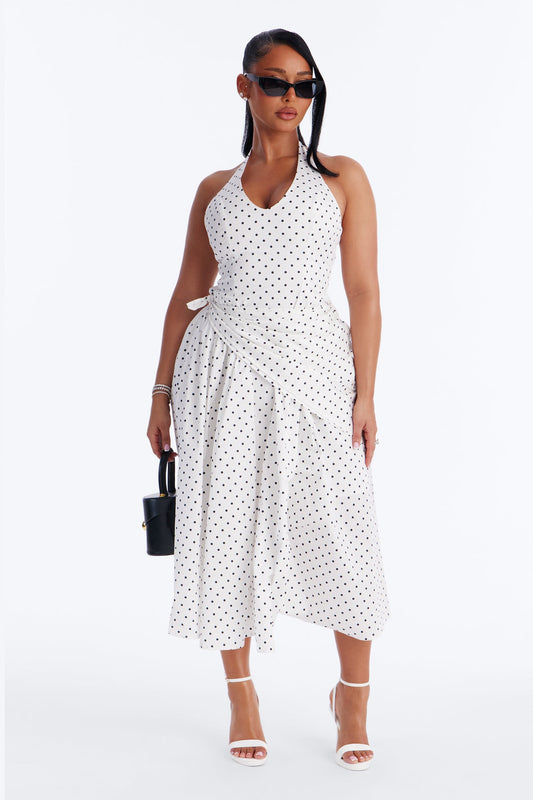 Mara Corset Polka Dot Midi Dress - White/Black