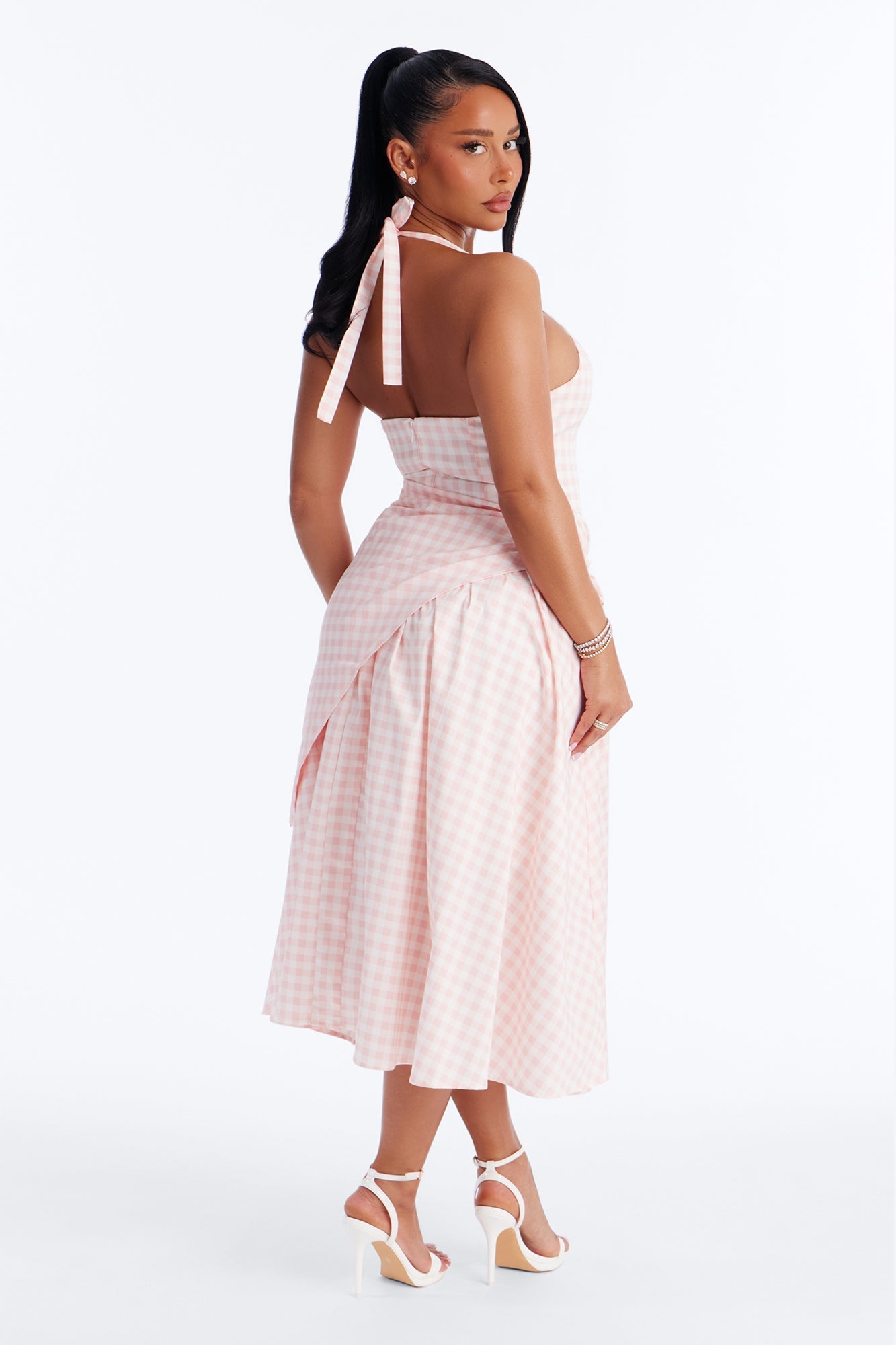 Mara Corset Gingham Midi Dress - Pink/combo
