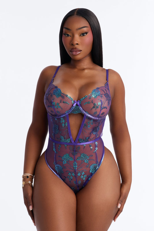 Missy Embroidered Sheer Underwire Teddy - Violet