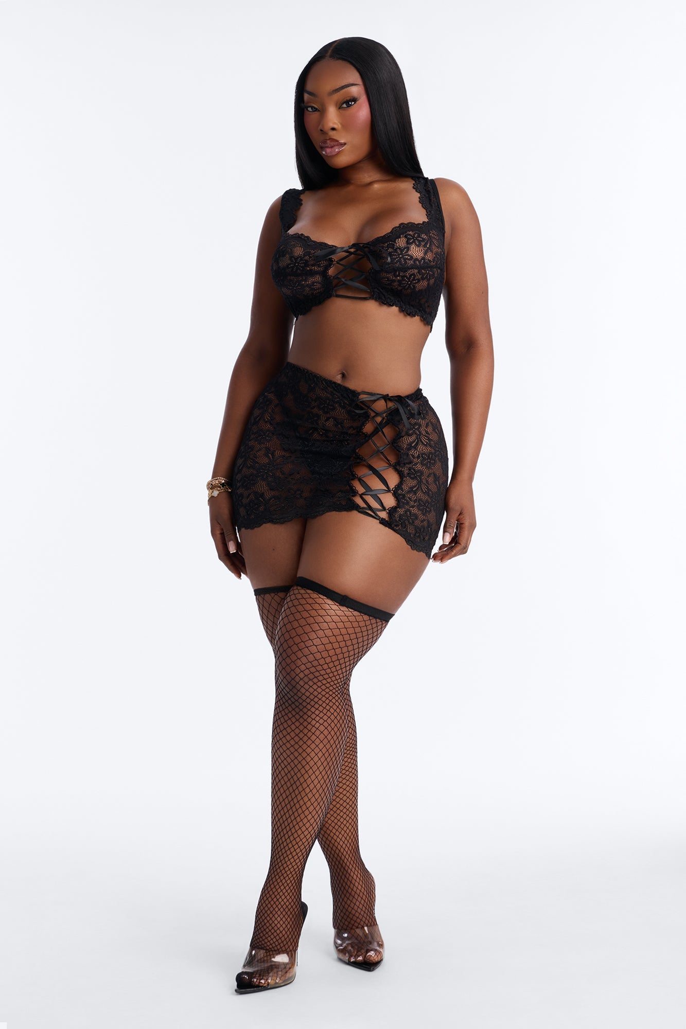 Jane Lace 3 Piece Bra And Panty Skirt Set - Black