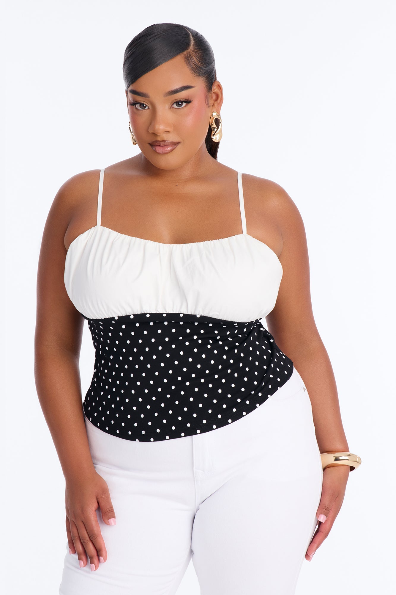 Take Care Polka Dot Ruched Sleeveless Top - Black/White