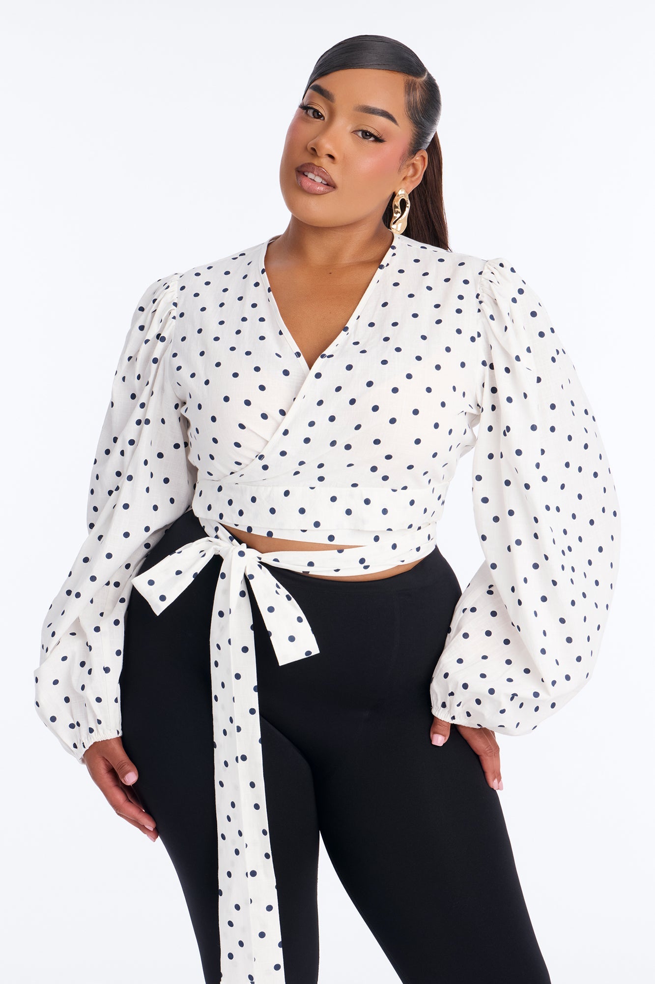 Scene Stealer Polka Dot Tie Waist Linen Top - White/combo