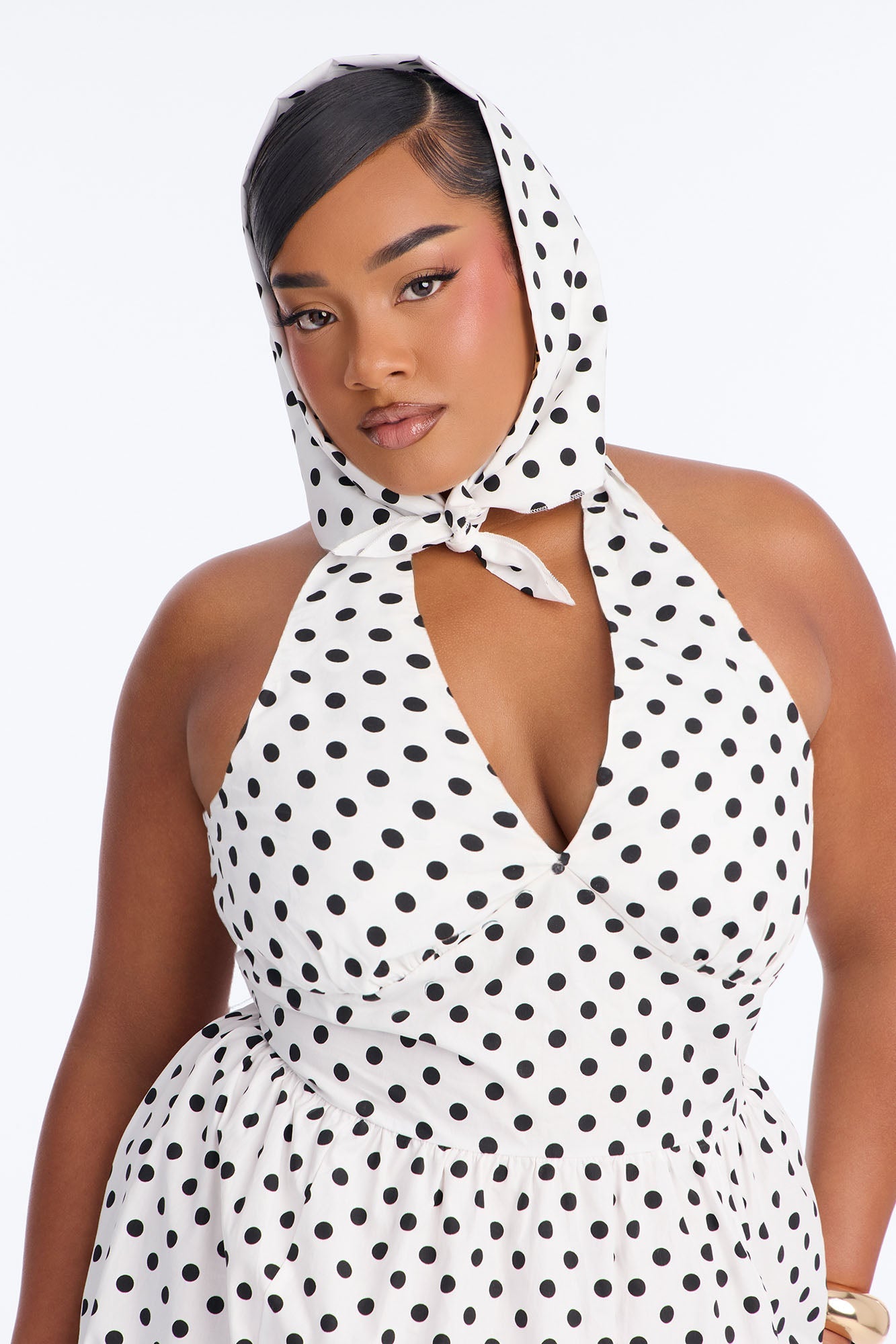 Darla Halter Polka Dot Midi Dress - White/Black