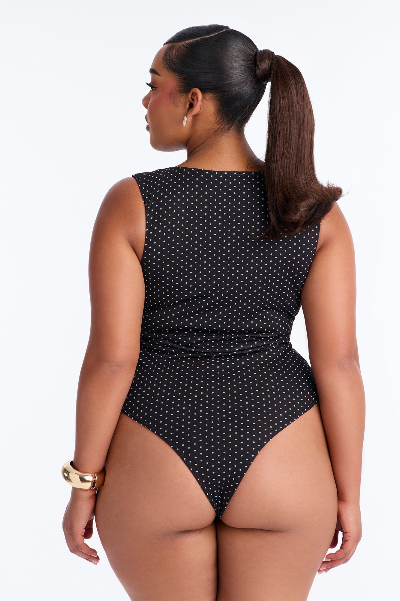 Maggie Polka Dot Mesh Ruched Sleeveless Bodysuit - Black/combo