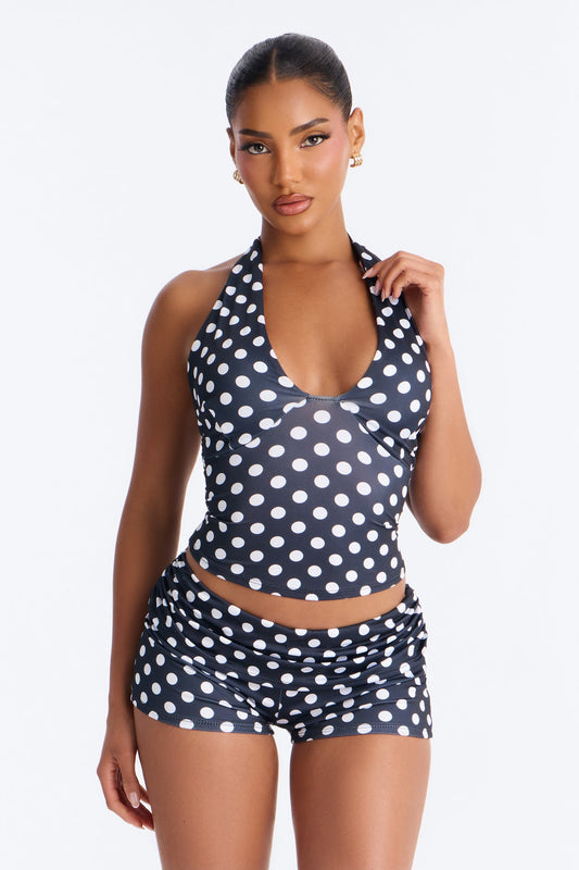 Ella Polka Dot Halter Fold Over Short Set - Black/White