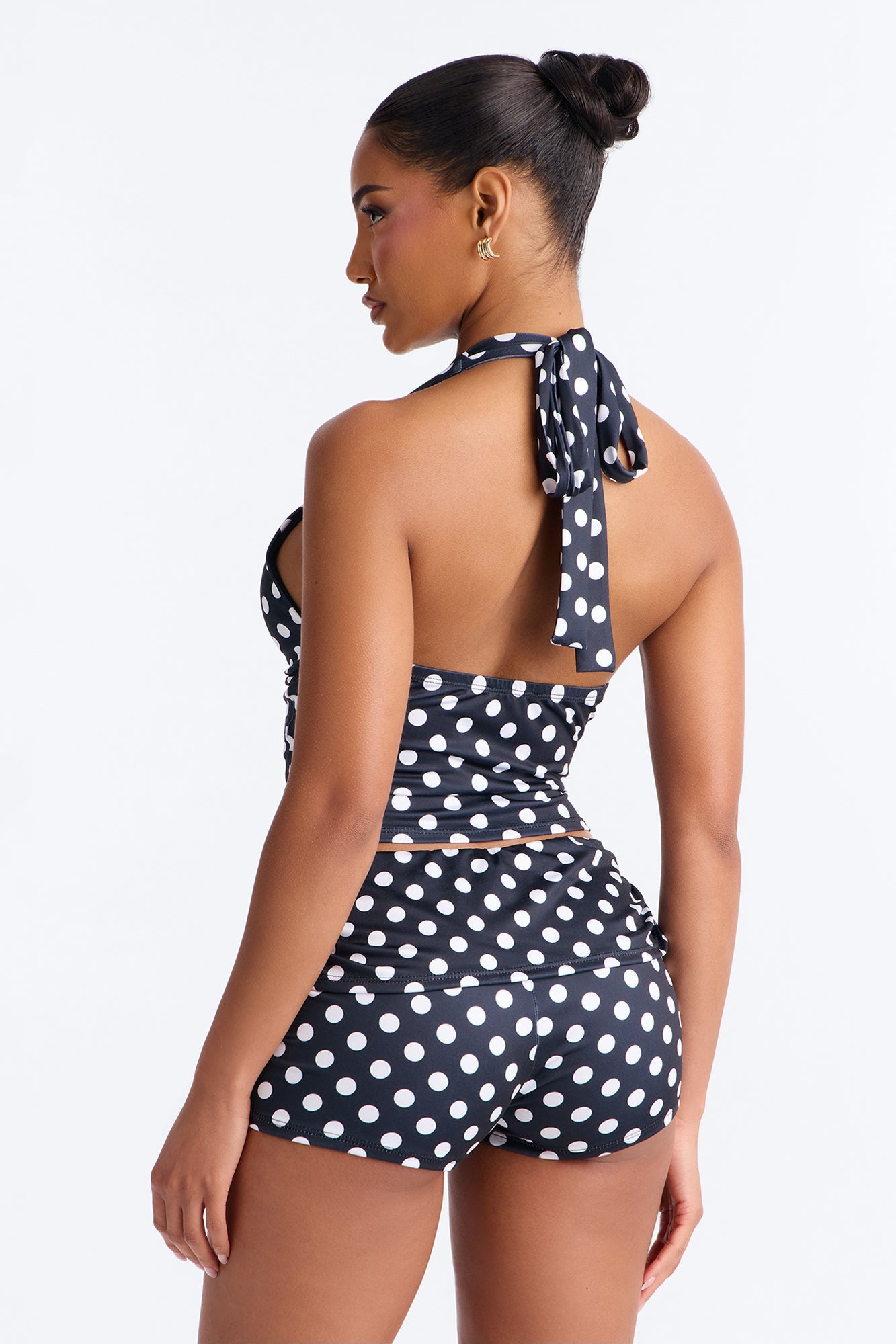 Ella Polka Dot Halter Fold Over Short Set - Black/White