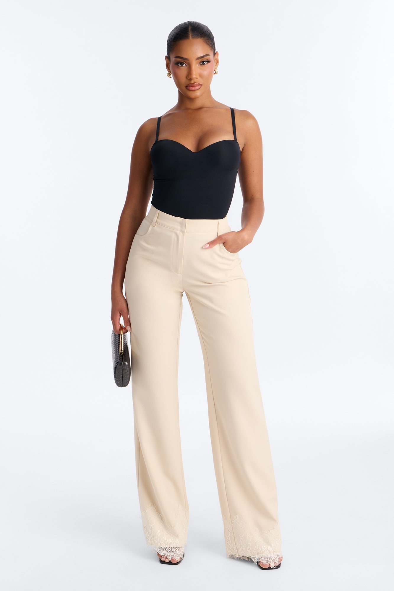 About You Lace Trim Straight Leg Trouser - Bone