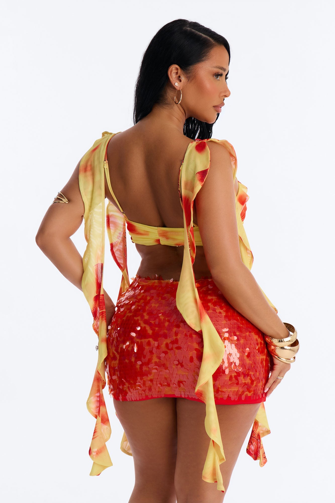 Perfect Paradise Mesh Drape Ruffle Bra Top - Orange/combo