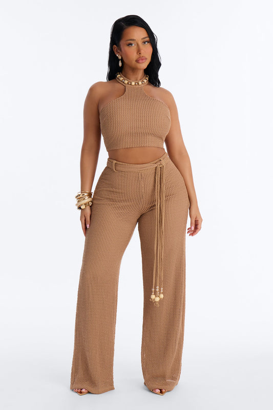 Shoreline Chic Beaded Halter Crochet Pant Set - Camel
