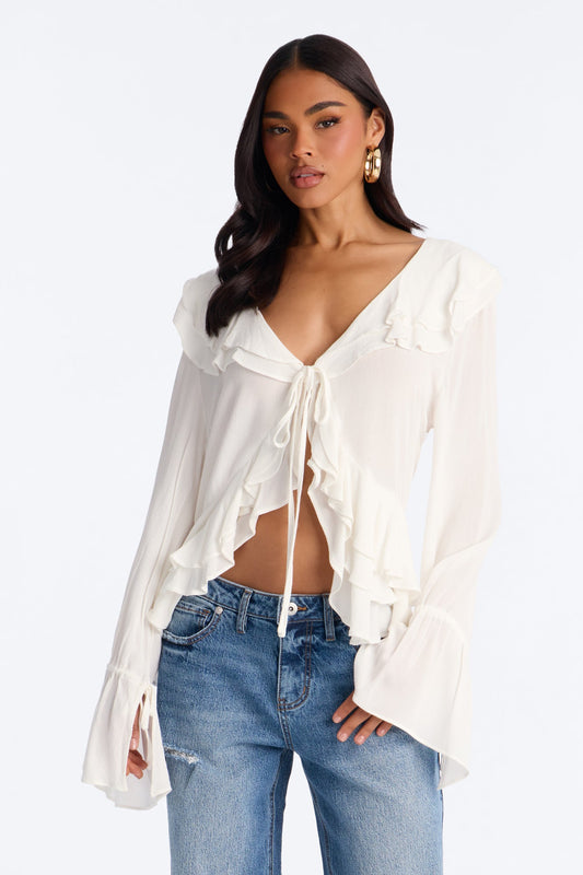 Summer Crush Ruffle Tie Front Flyaway Top - White